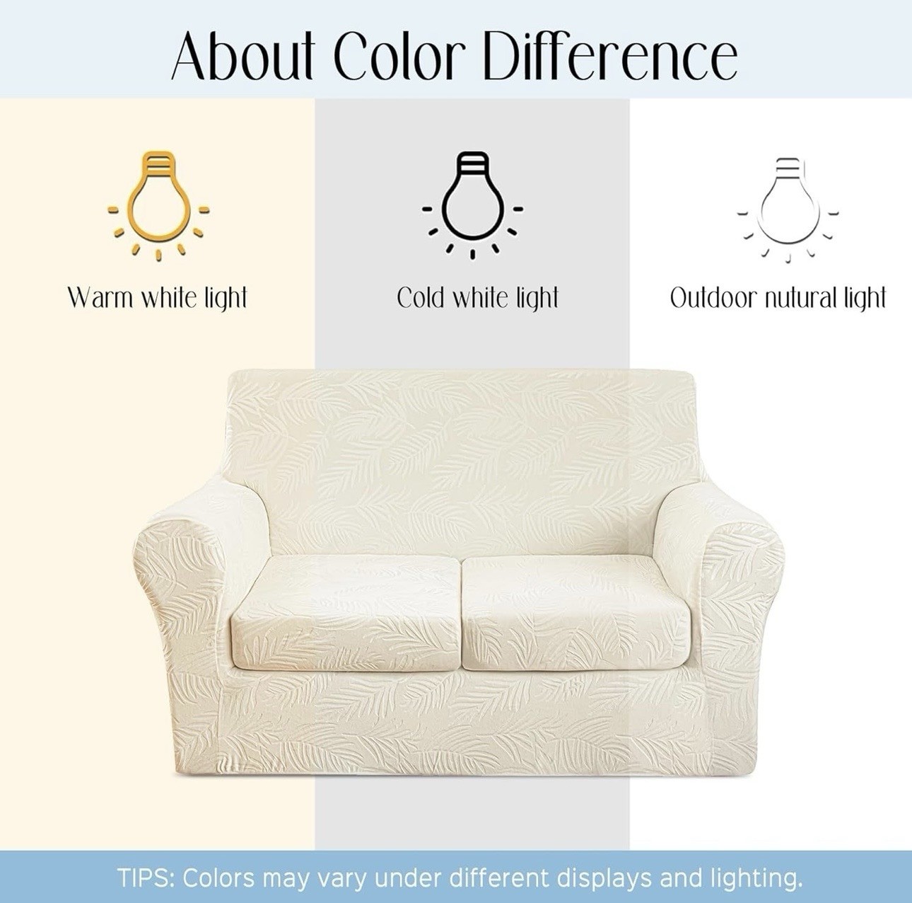 Velvet Stretch Loveseat Sofa Cover Ivory Embossed Leaf 3 Piece 2 Cushion