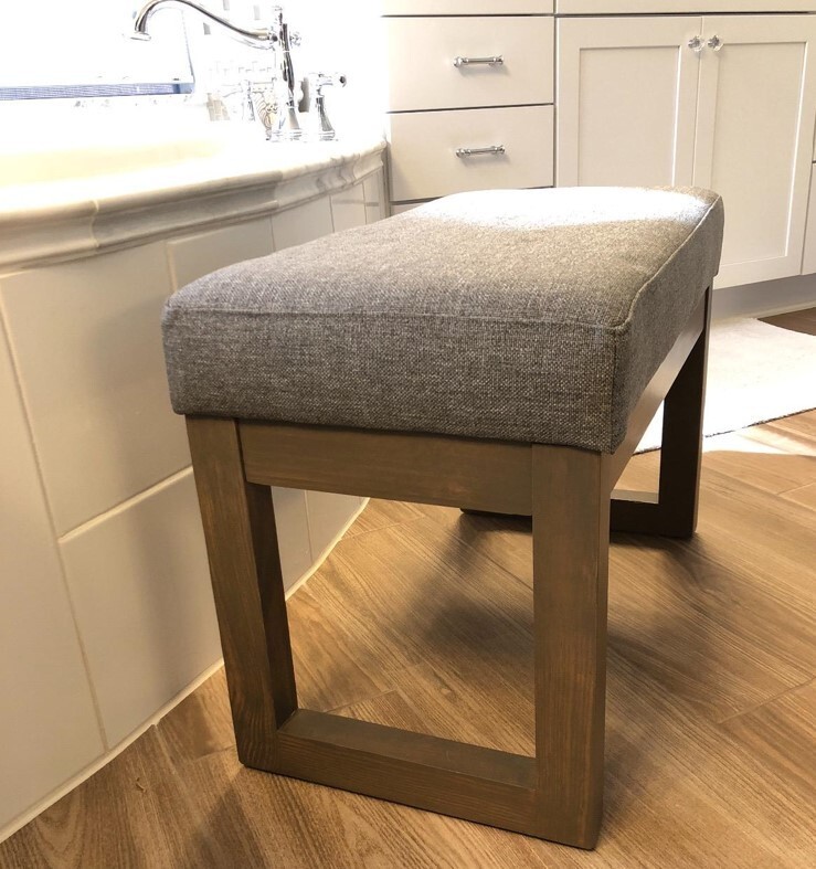 Small Cushioned Wood Ottoman Bench Gray Linen Foot Stool Grey Brown Wooden Seat