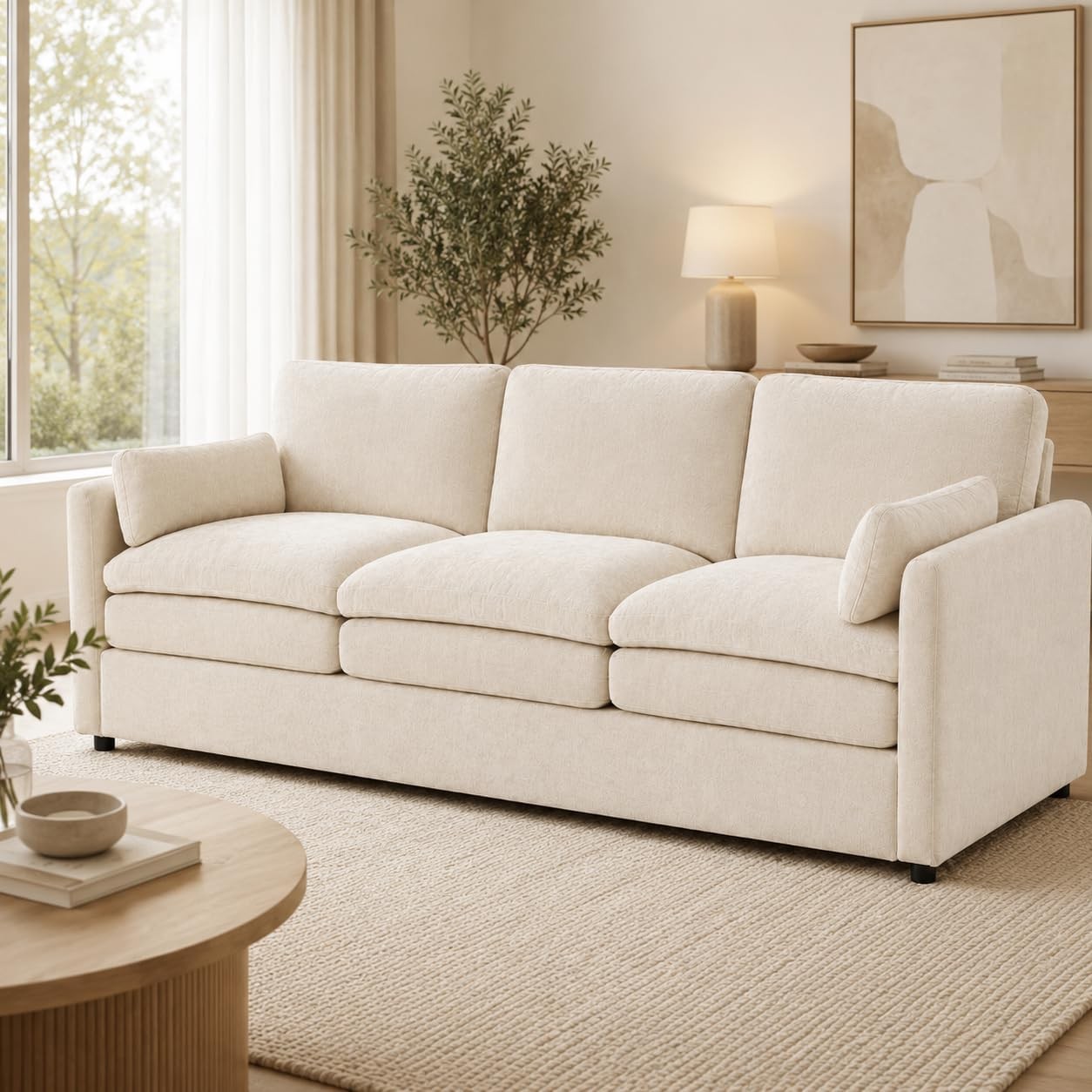 Esright 89″ Cozy Cloud Couch, 3 Seater Large Chenille Sofa, Cream White | No