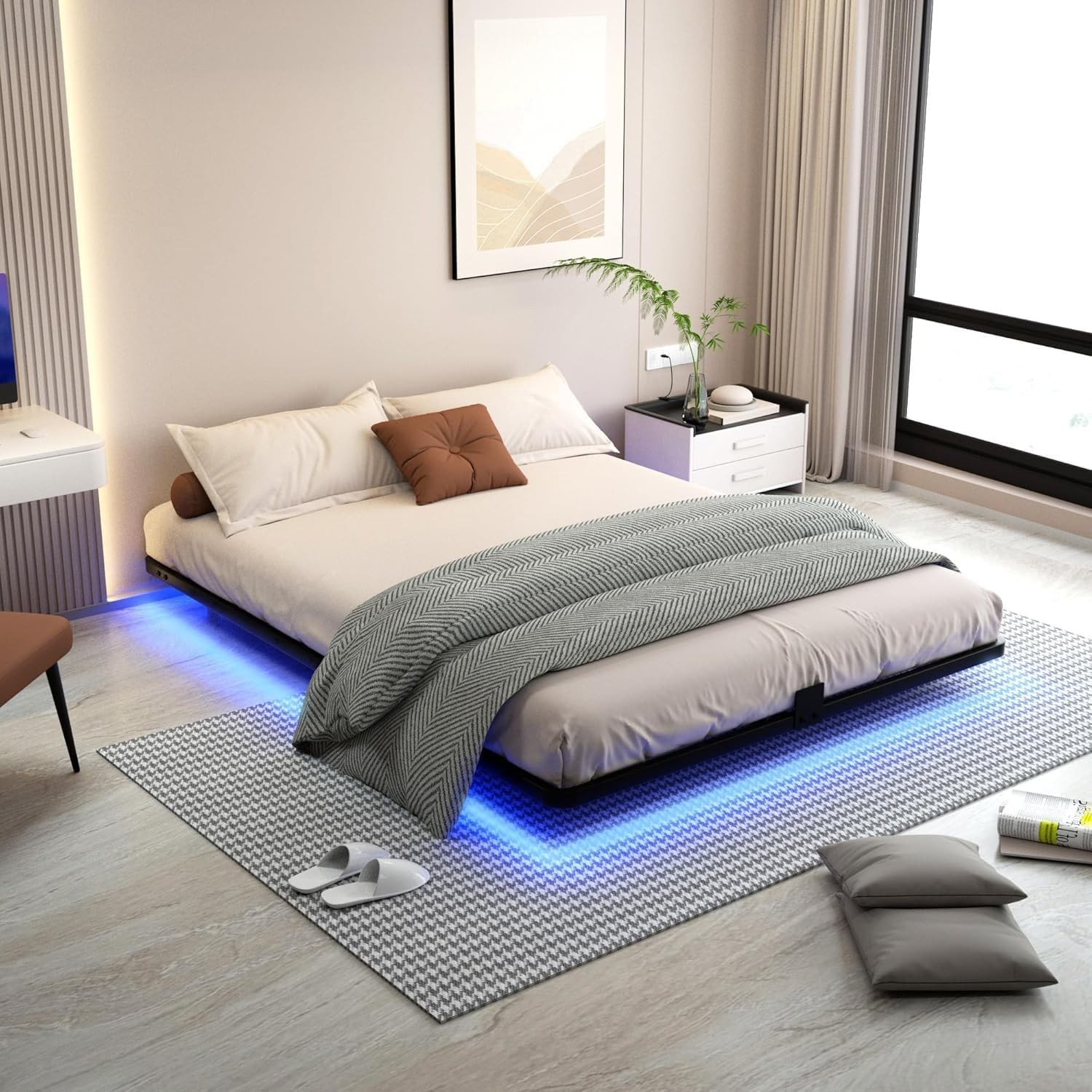 Floating Bed Frame Queen Size with LED Lights Metal Platform Bed No Box Spring N