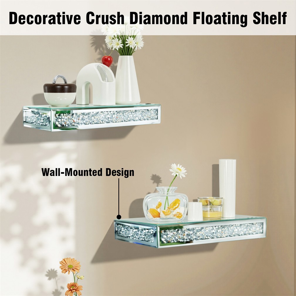 Mirrored Floating Shelves Glitter Crushed Diamond Wall Mounted Organizer Rack