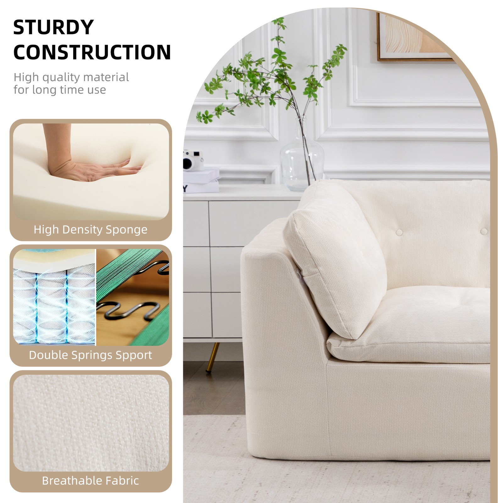 Modular Sectional Sofa Cloud L-Shaped 4-Seater Chenille Fabric Beige
