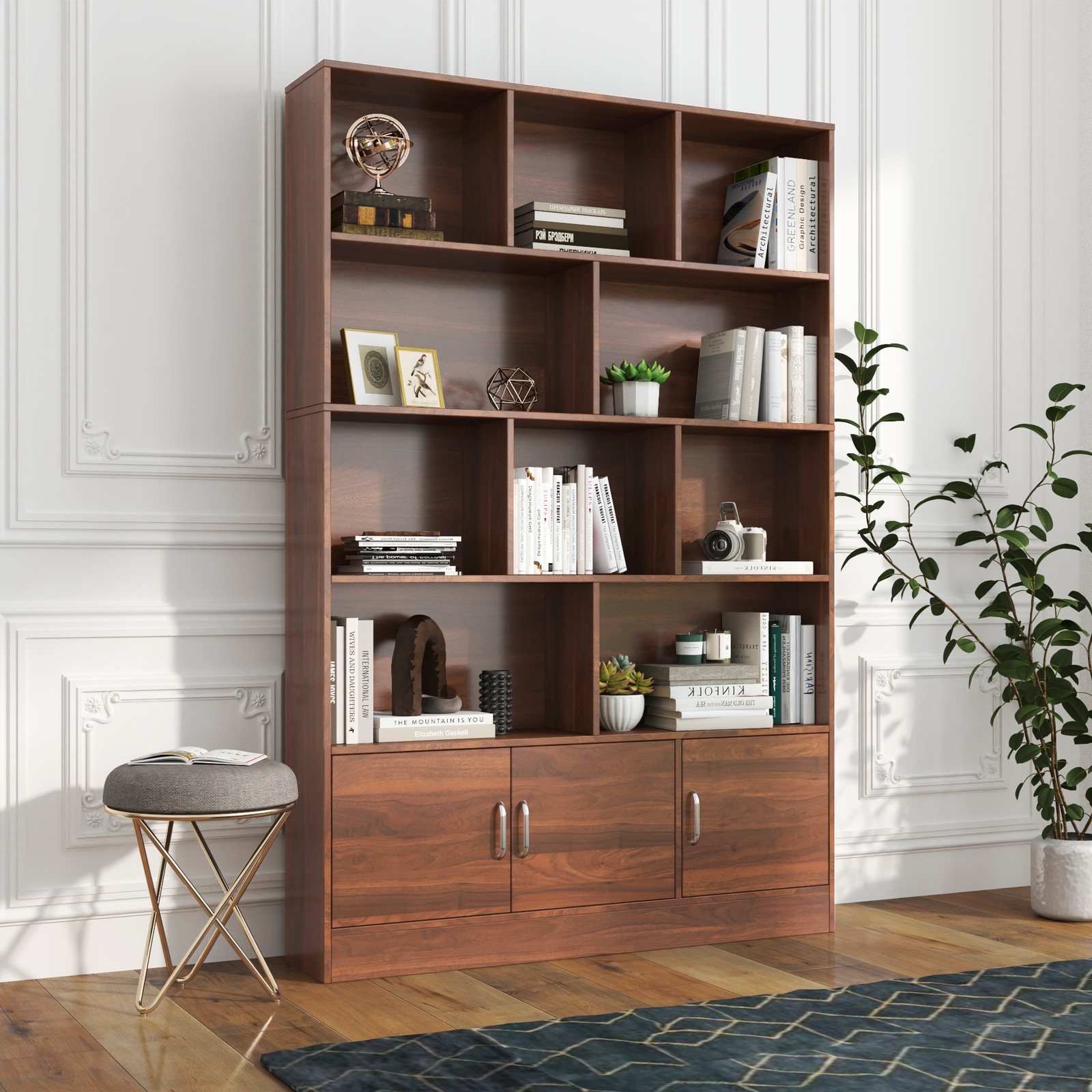 70.87″ Tall 10 Cube 3 Door 4-Tier Bookshelf Cabinet Storage Organizer