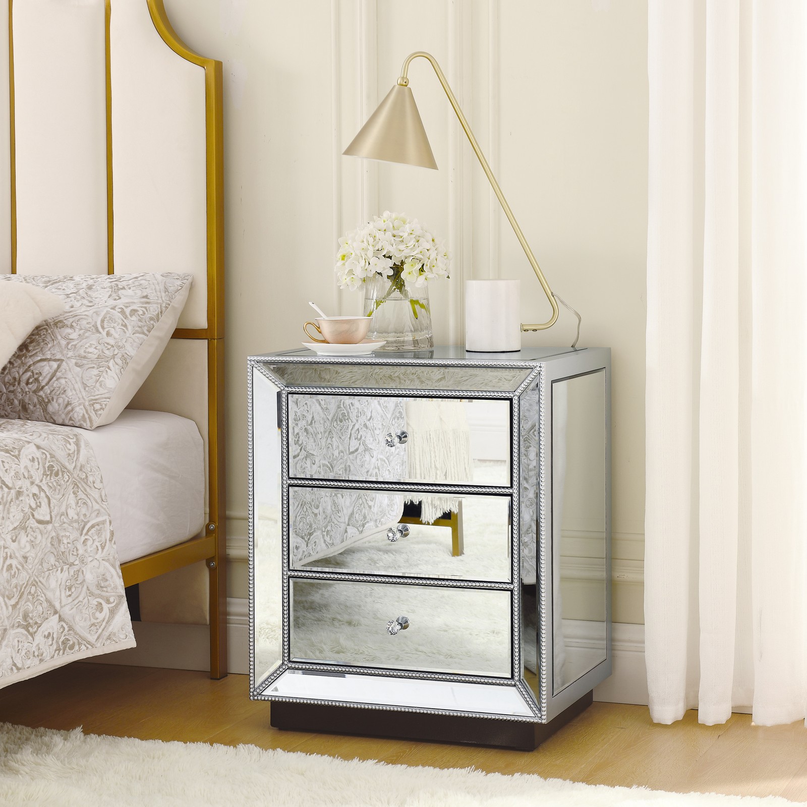 Silver Mirror 3 Drawer Cabinet Bedside Table MDF Glass 21.6″W