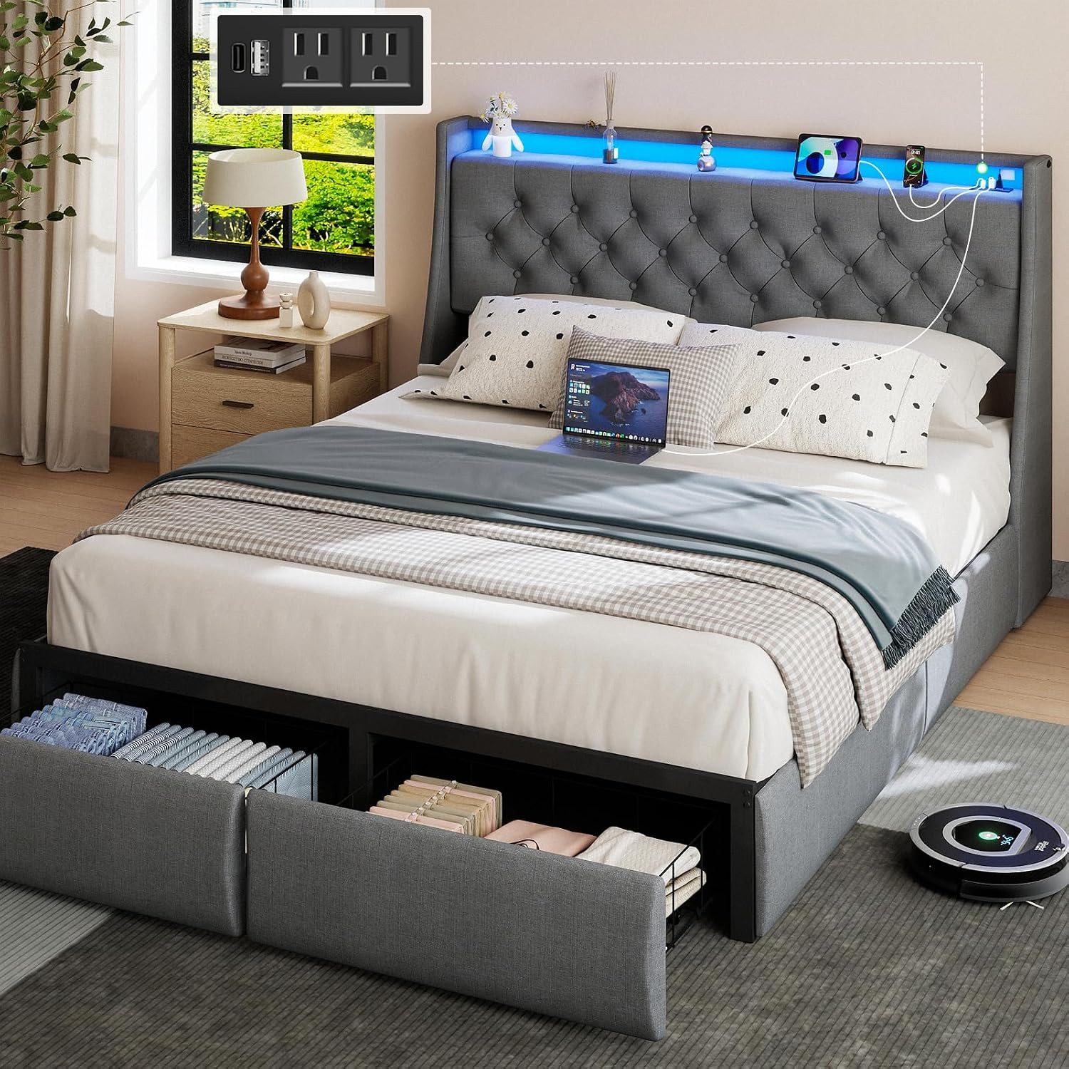 Queen Bed Frame with 2 Storage Drawer, Queen Size Bed Frame, Grey | Headboard wi