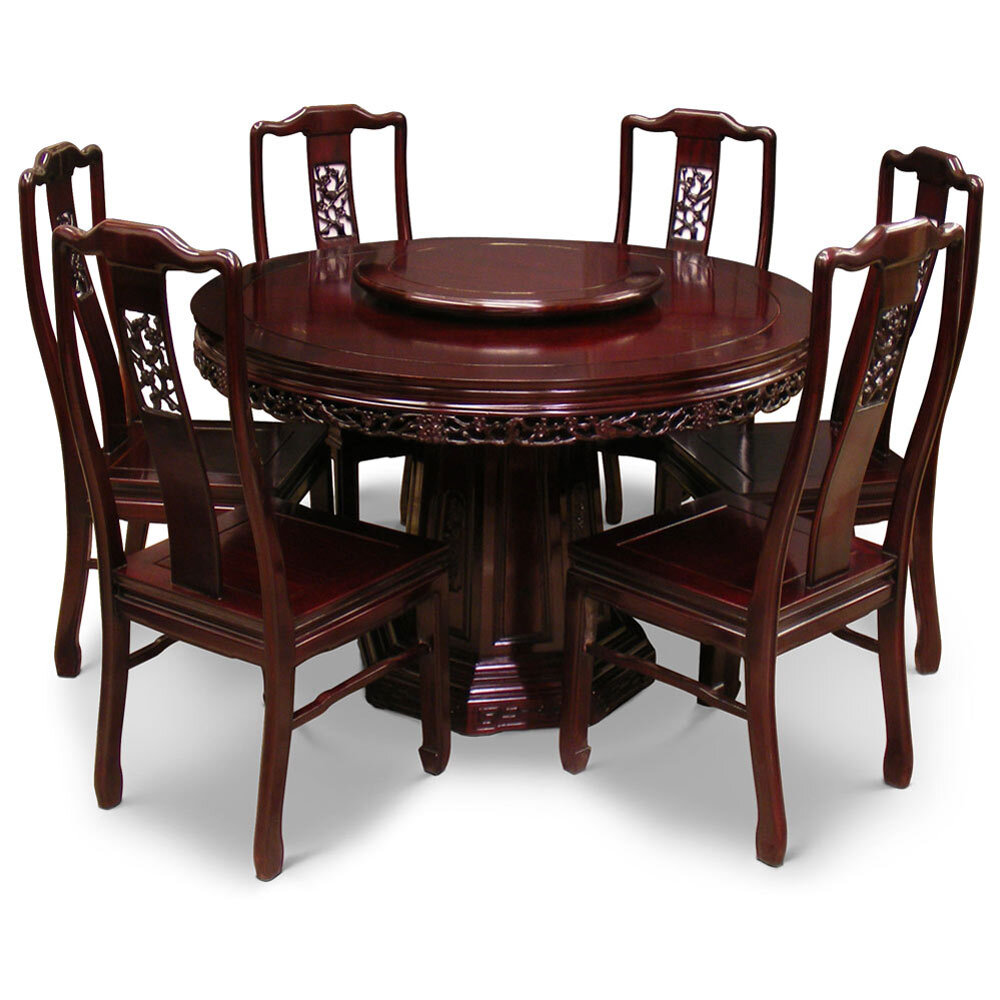 US Seller – Dark Cherry Rosewood Flower and Bird Round Oriental Dining Set with