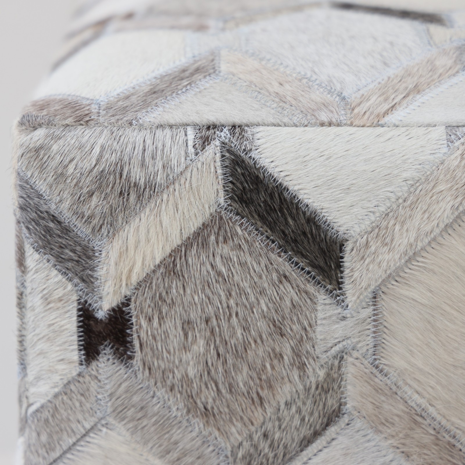 Handmade Diamond Patchwork Cowhide Leather Ottoman Pouf 18×18 Neutral