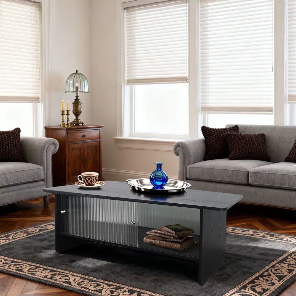 47 in rectangular modern coffee table with glass sliding door storage center