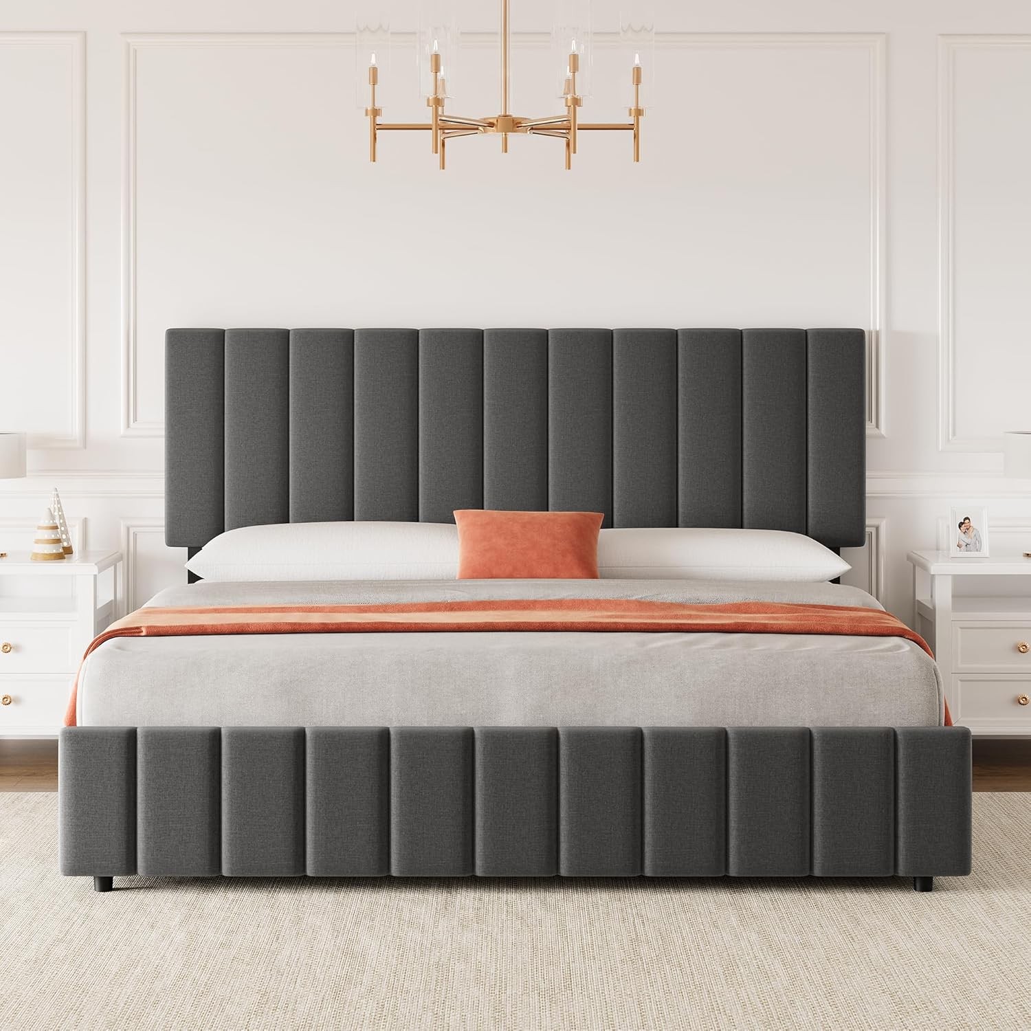 Queen Size Bed Frame with 4 Storage Drawers, Adjustable Height Headboard Grey
