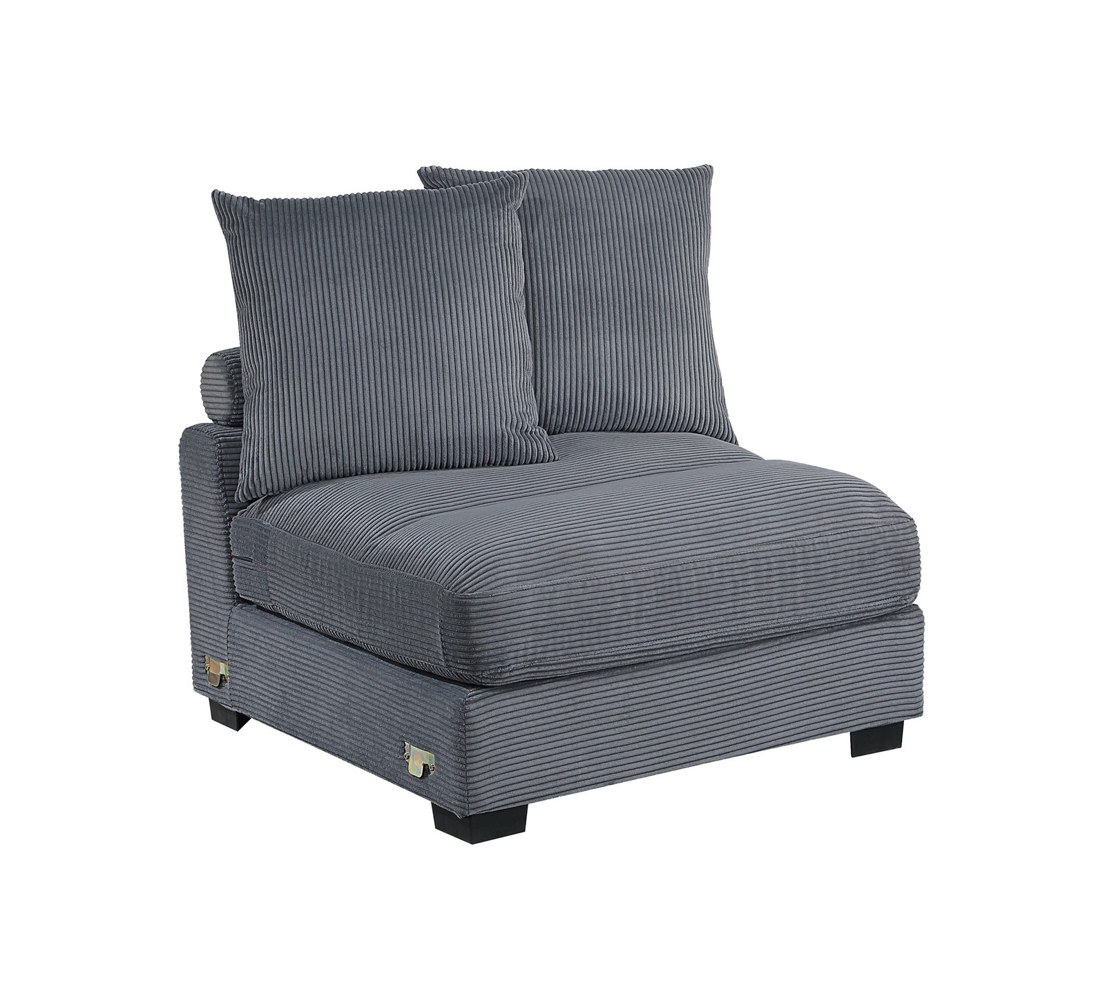 One grey corduroy chair without armrests, with soft padded wooden legs