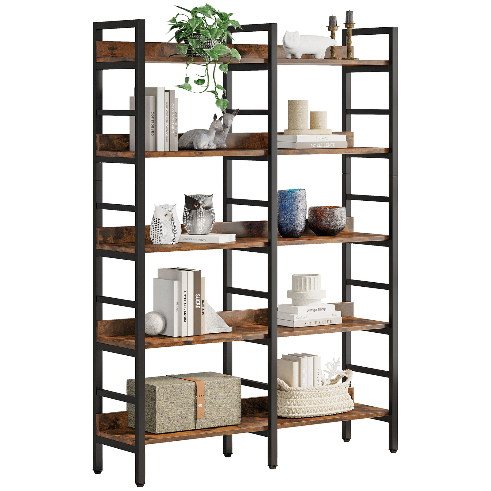 Tribesigns 5-Tier Industrial Bookshelf Etagere Freestanding Double Wide Bookcase