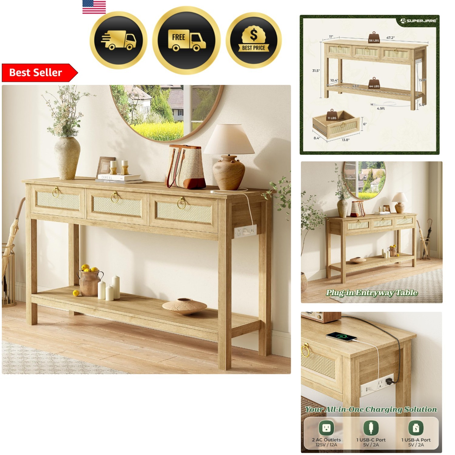 Console Table with Outlets USB-C 3 Drawer Storage Natural Rattan Surface