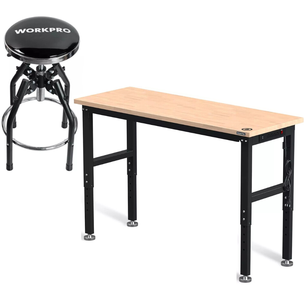 WORKPRO 60″ Adjustable Workbench 29in to 33.86in Shop Stool Garage Bar Stool Set