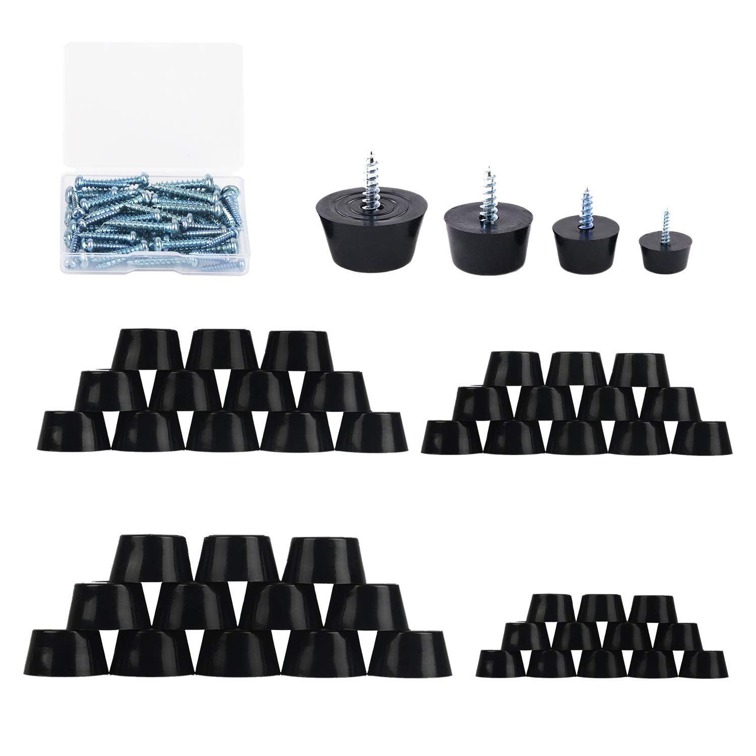 48PCS 4Size Anti Scratch Screw-on Round Black Rubber Feet Bumper Pads W/Matching