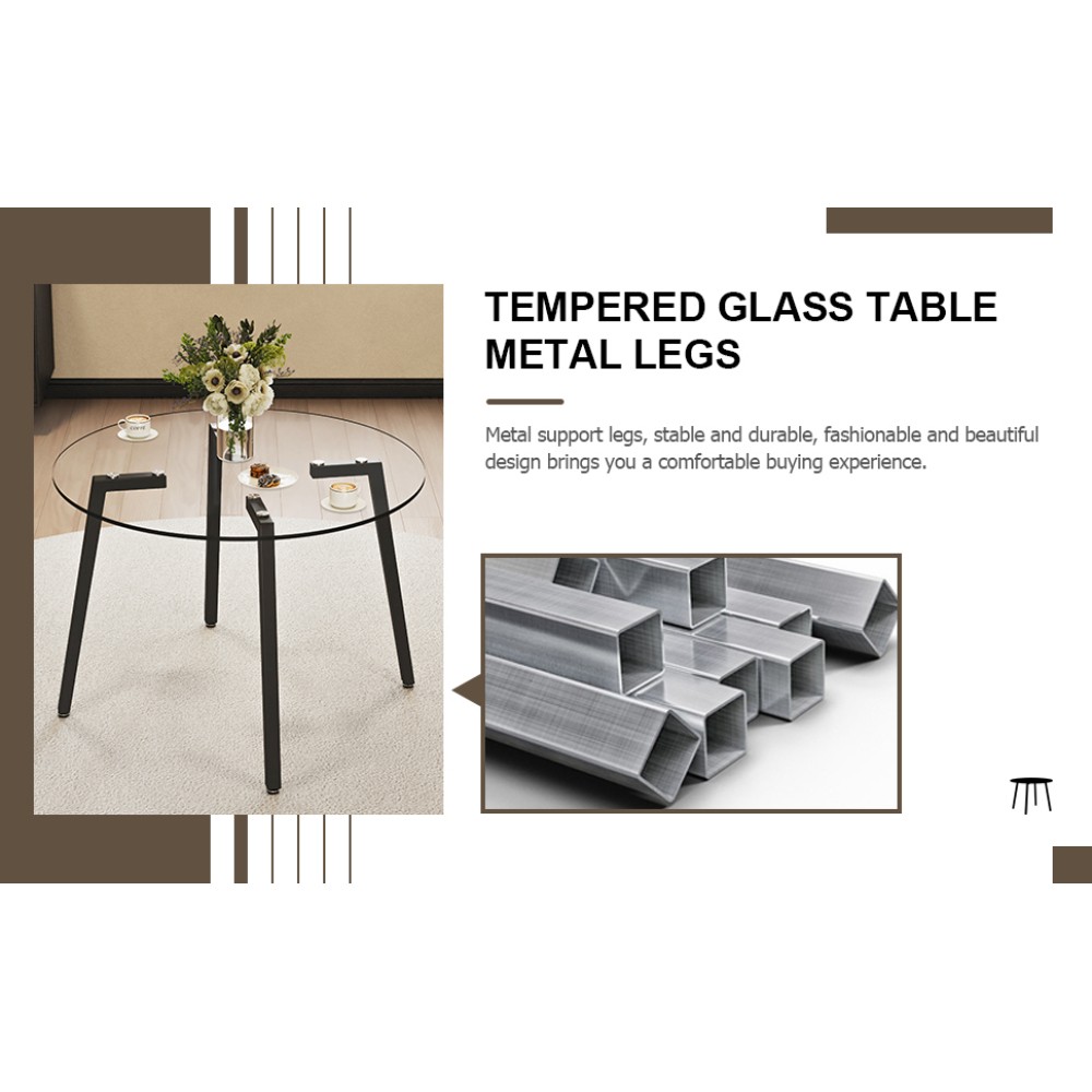 Modern Round Tempered Glass Table, Black Metal Legs, 42x42x29.5″, 1123