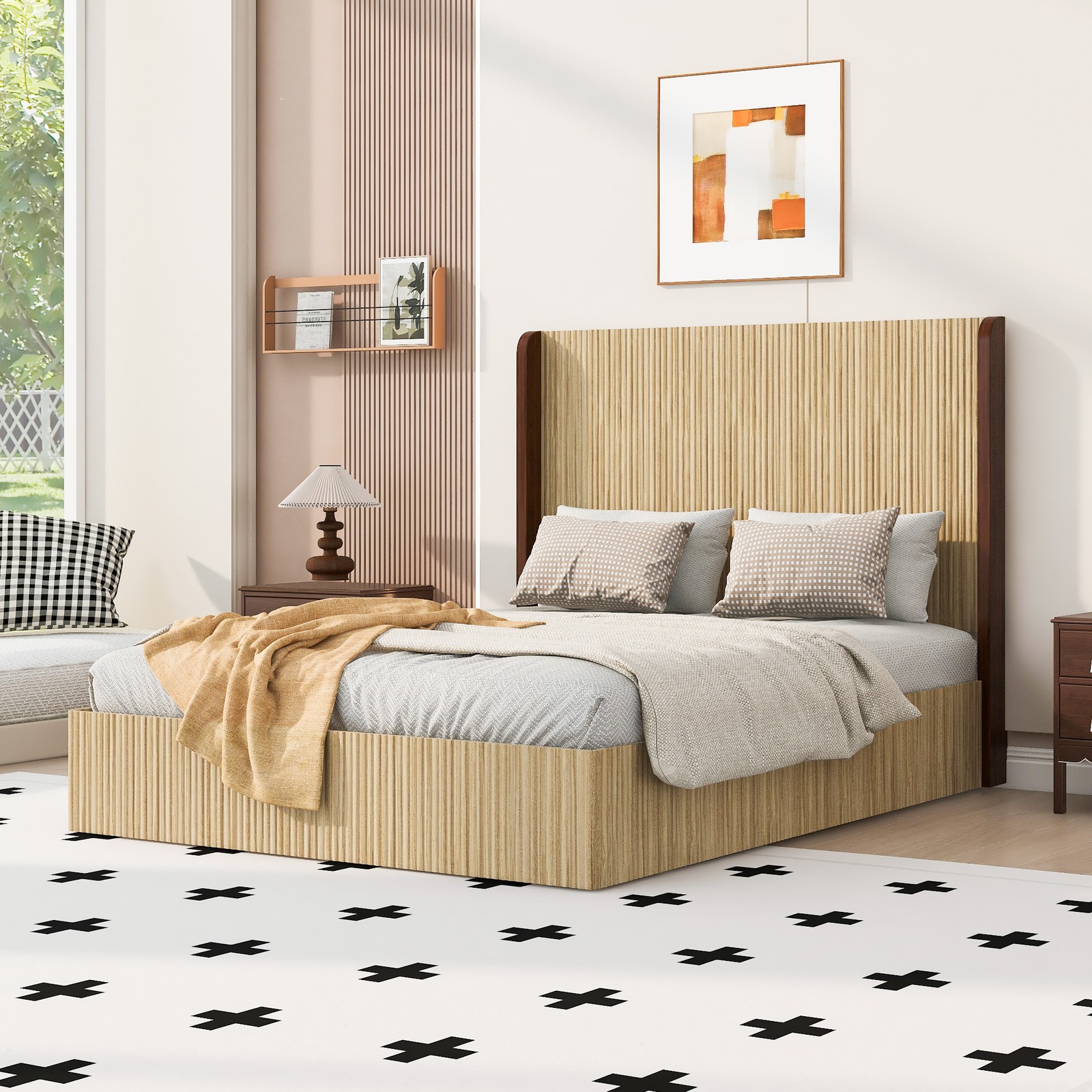 Queen Platform Bed Frame with Headboard, Natural Wood Finish