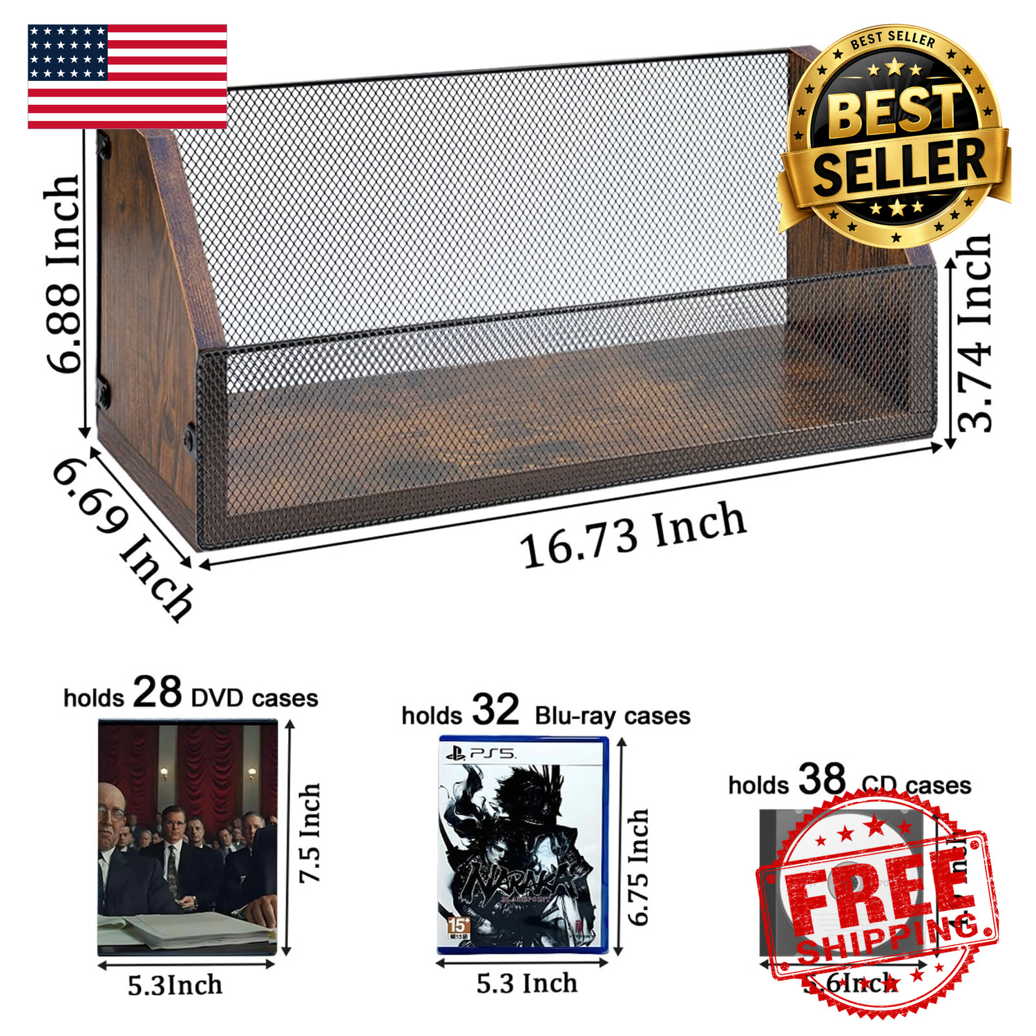 CD DVD Storage Rack Holds 38 Full CDs 76 Slim Cases Wood Iron Mesh Organizer