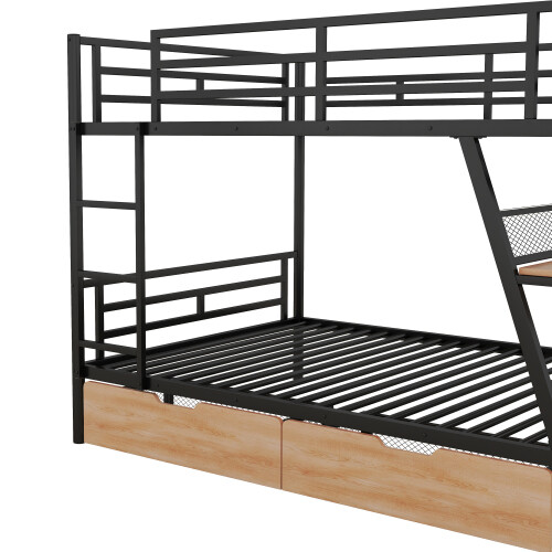 Full Size Metal Bunk Bed Frames with Built-in Desk LED Light and Storage Drawers