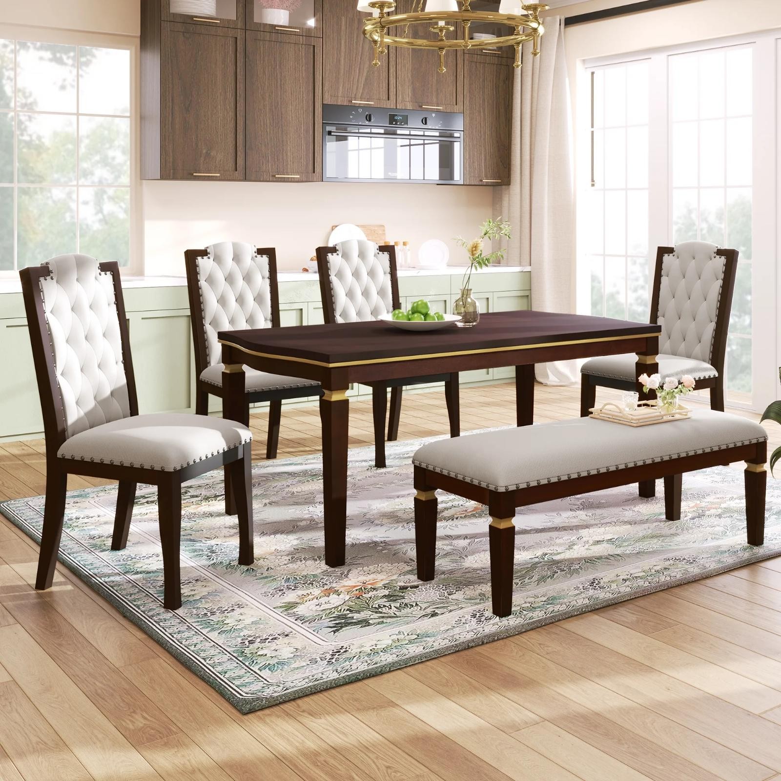 Elegant 6-PCS Dining Table Set 60″Rectangular Table,4 Upholstered Chairs & Bench