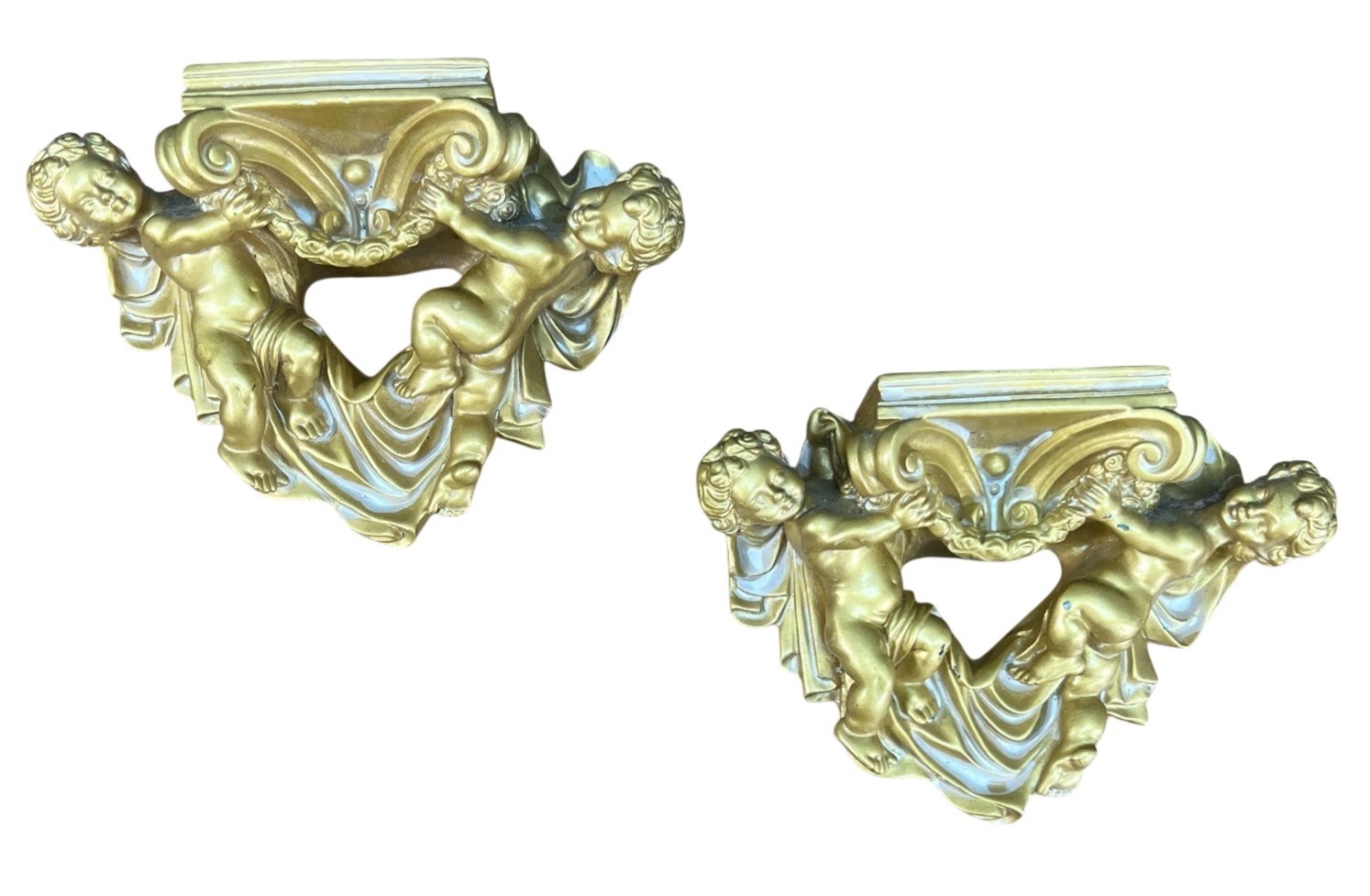 VTG Set 2 Cherub Angel Ornate Wall Gold Sconce Shelf 7”x4.5” Tiawan R.O.C.