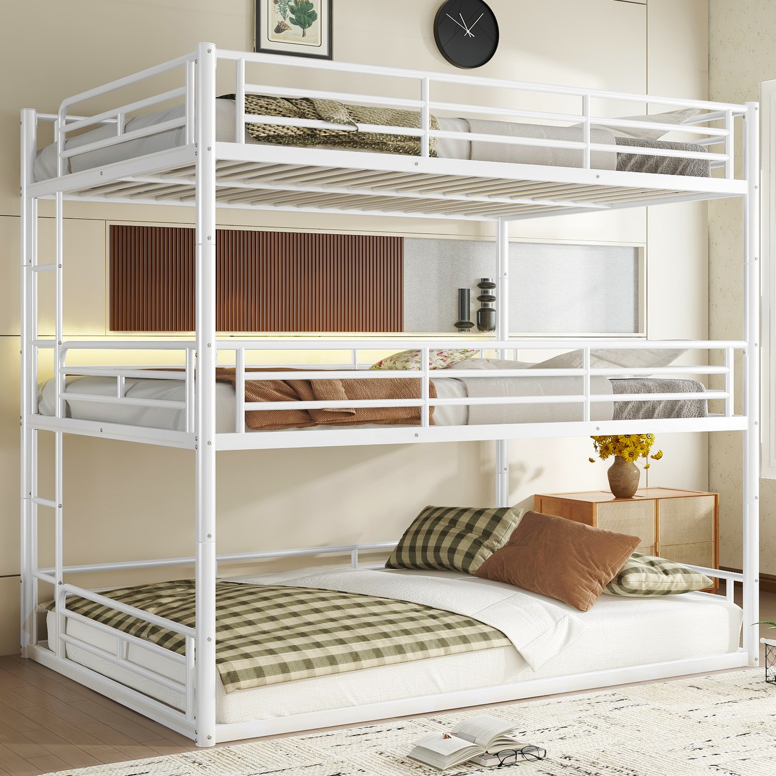 Queen over Queen over Queen Bunk Bed,Metal Triple Bunk Bed with Safety Guardrail