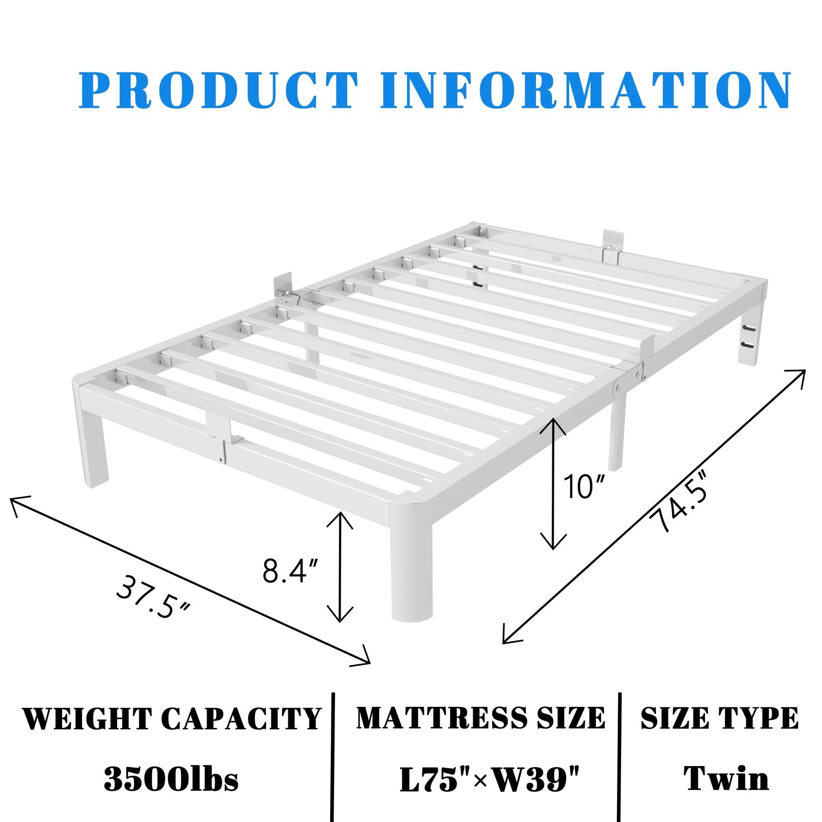 KOSOSO White 10 Inch Twin Bed Frames, Metal Bed Frame Twin Size Anti-Slip
