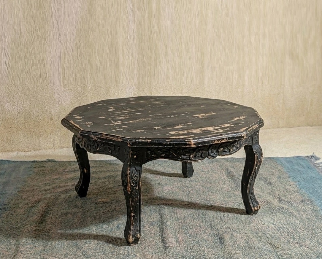 Indian Carved Octagonal Coffee Table White Wash Distressed Solid Wood Center…