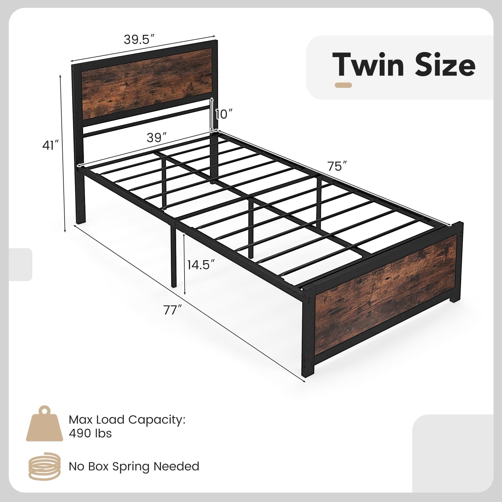Twin Bed Frames for Kids, Industrial Metal Platform Bed with Headboard, Metal…