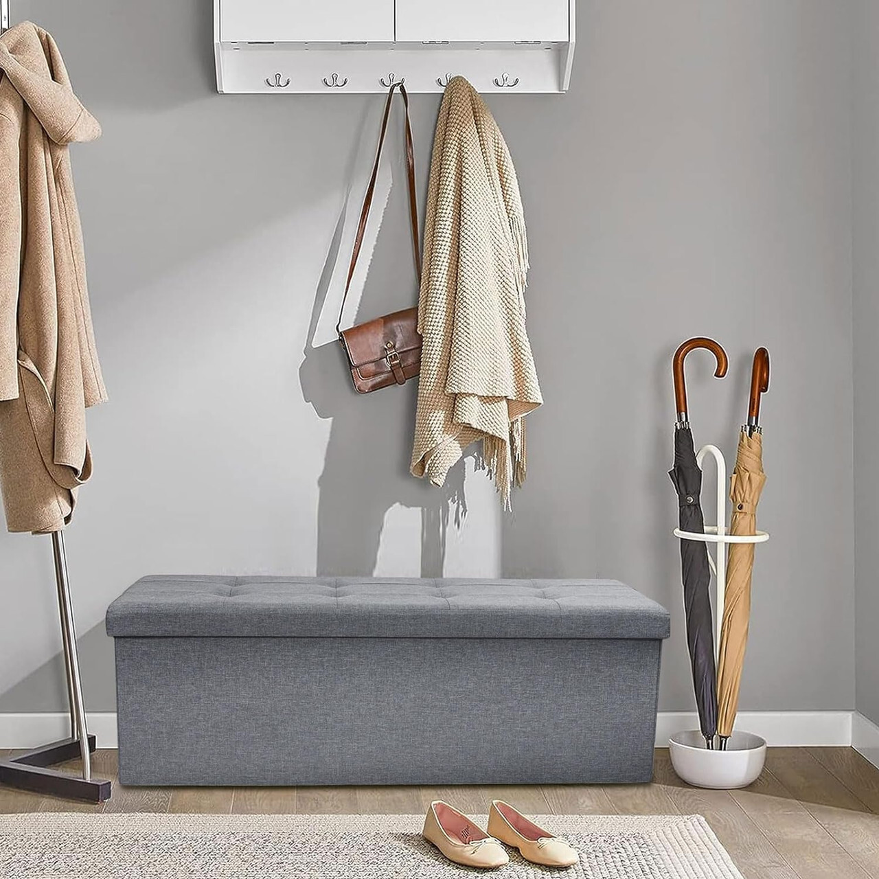 Storage Ottoman Bench Folding Chest Footrest Stool MDF Frame Lid Light Grey 43″