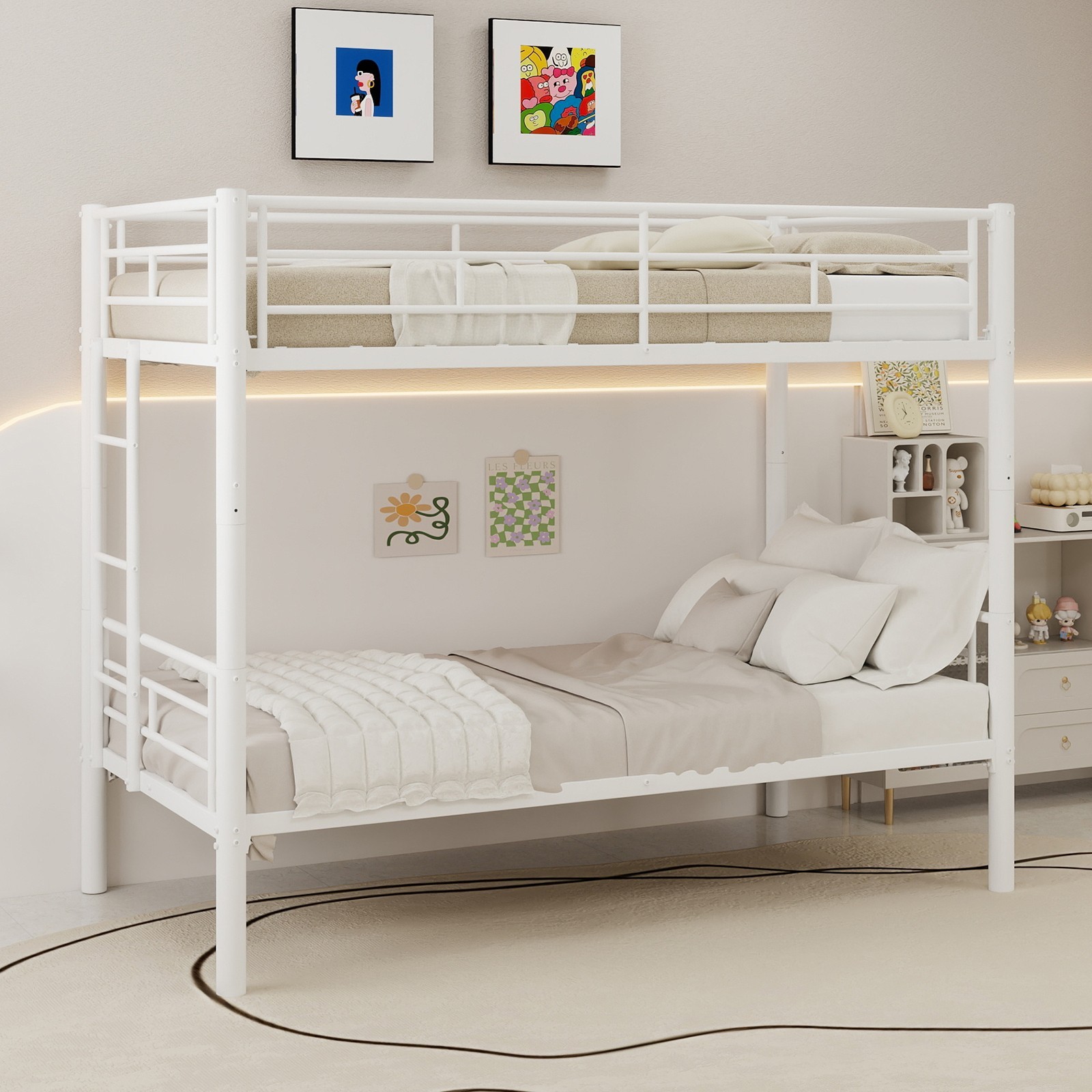 Twin Over Twin Metal Bunk Bed with Metal Structure Bedframe & Ladders for Kids