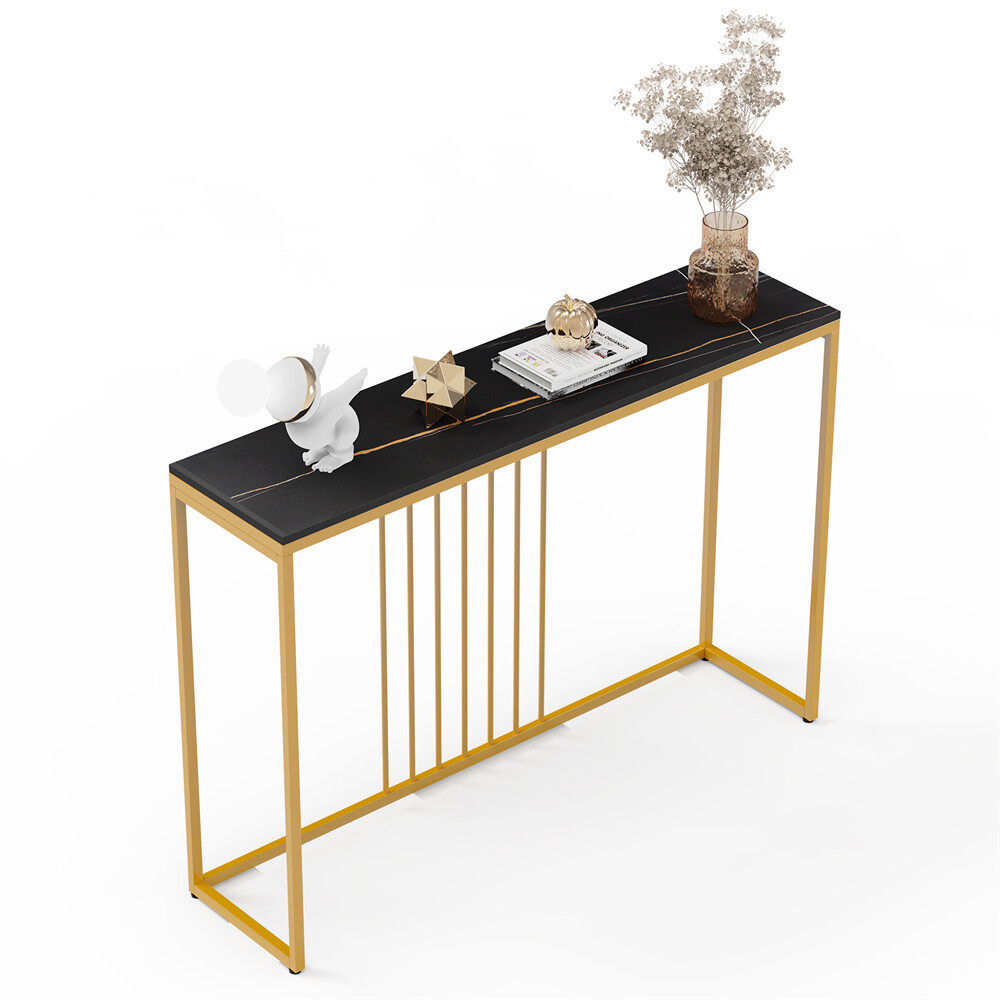 49.2in Extra Long Console Table Marble Entryway Table Gold + Black Accent Table