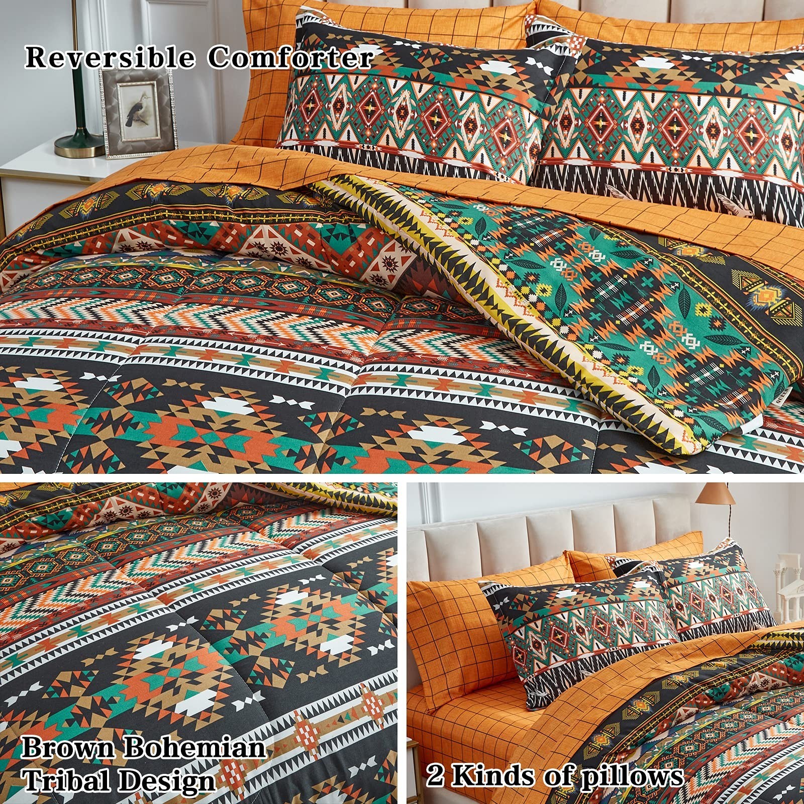 Flysheep Boho Bed in a Bag 7 Pieces King Size, Southwestern Bohemian Tribal S…