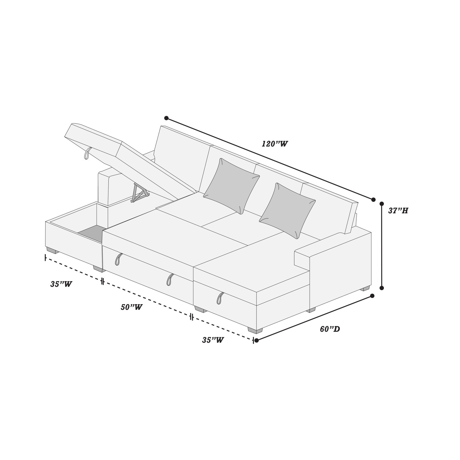 3pc Convertible Sectional Sleeper Sofa 2 Chaise Storage Smoke Corduroy