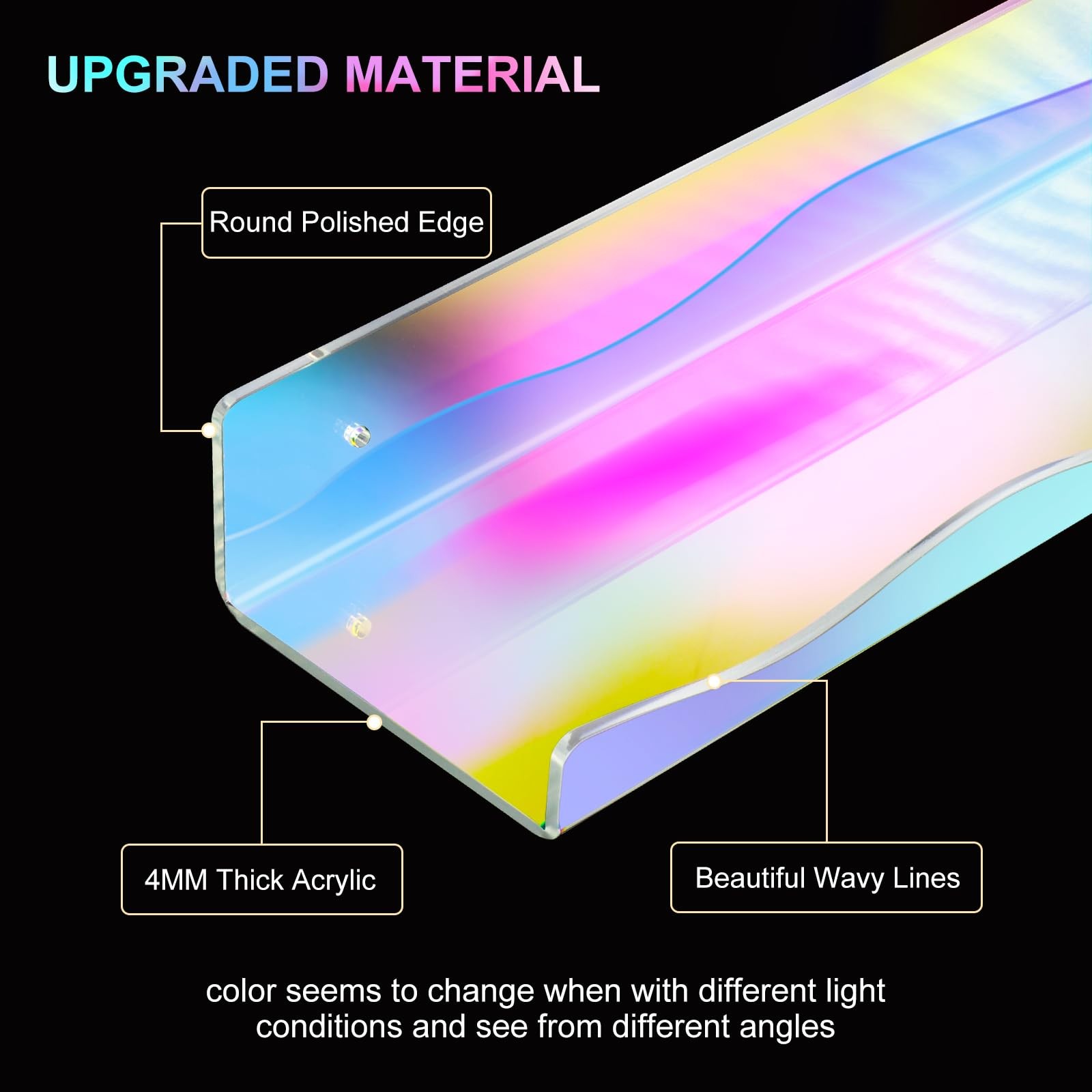 4 Pack Iridescent Acrylic Floating Shelves, 15.7″ Clear Acrylic Display Shelv…