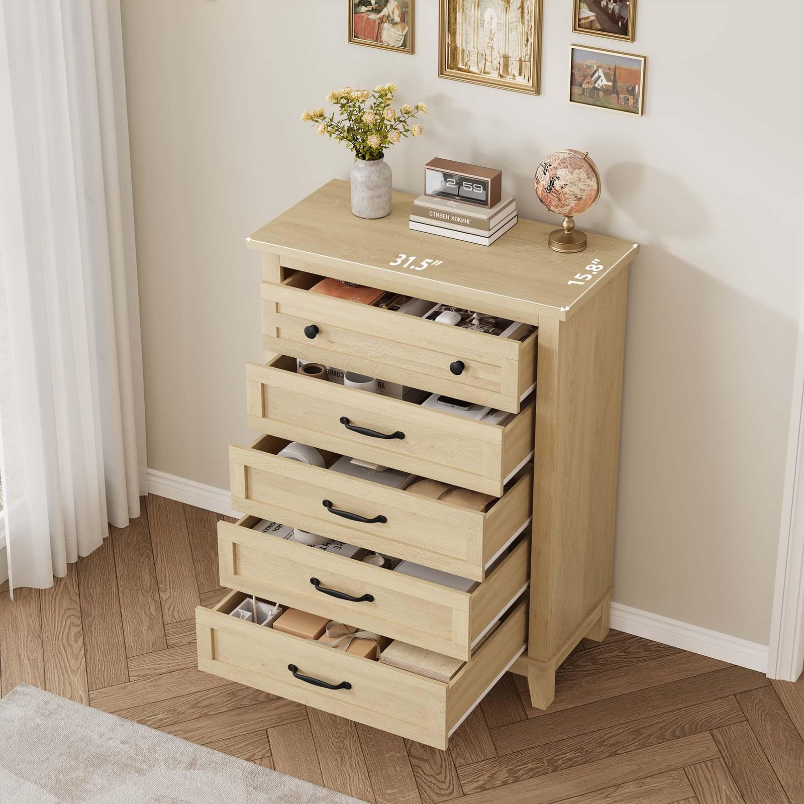 Wooden Vertical Dresser 41.3 Inch Tall 5 Drawers Freestanding Large Storage Ches