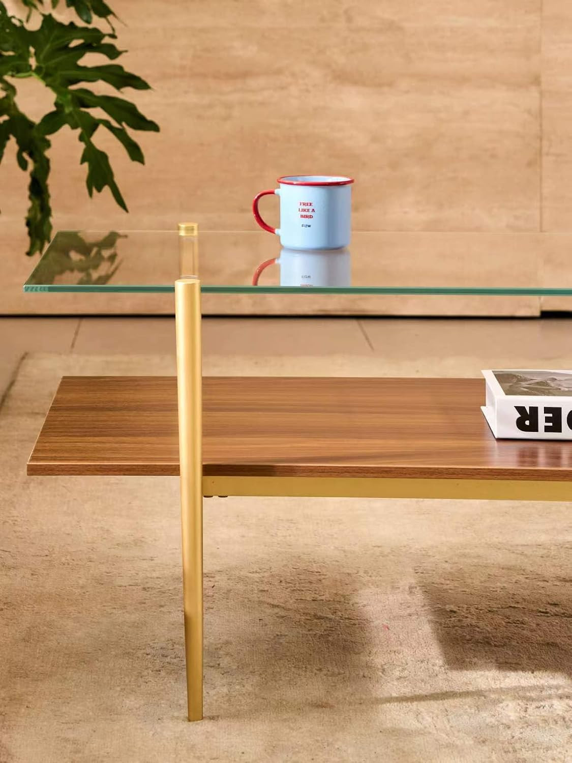 Rectangle Coffee Table, Mid-Century Modern Design, 2-Tier Structure, Clear Glass