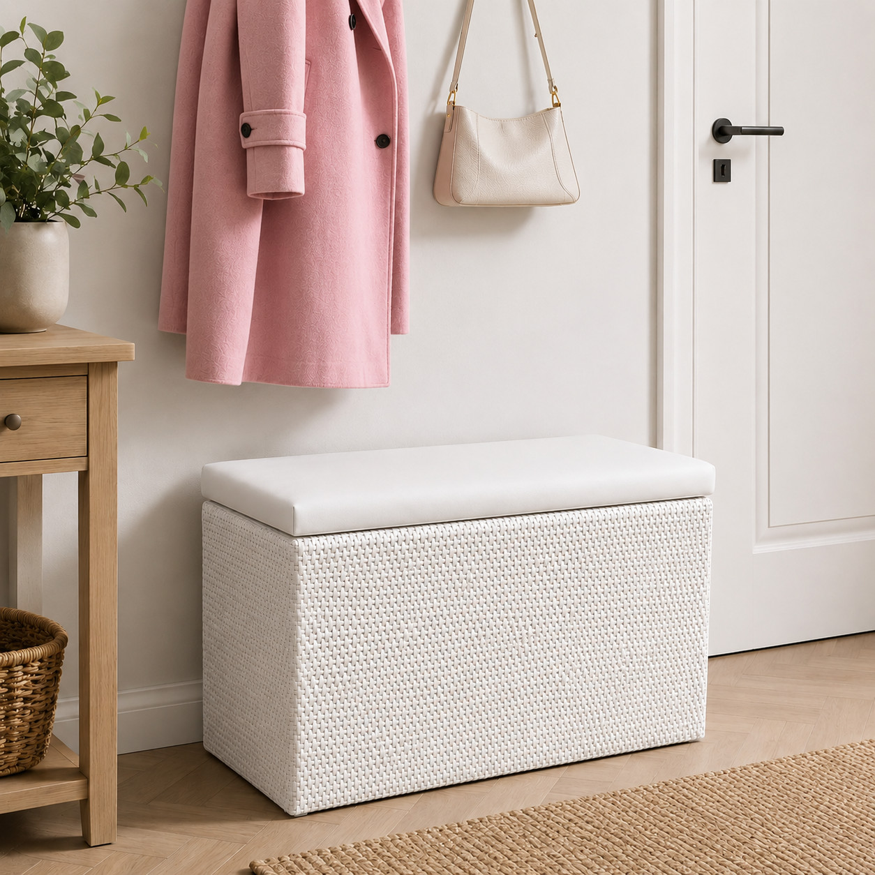 Storage Bench Ottoman, Natural Rattan Wicker Basket with seat, Bed End Ottoman