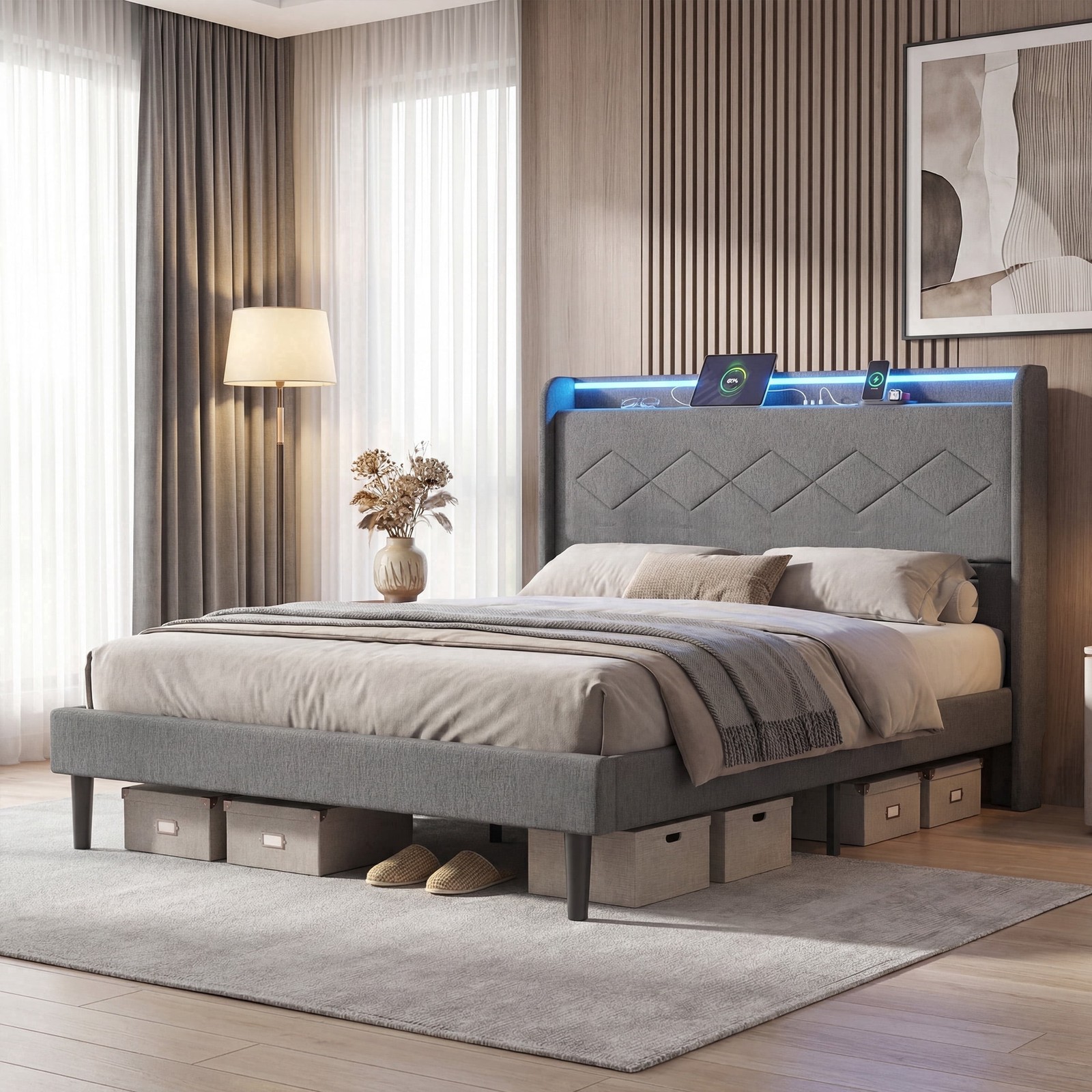 edx Upholstered King Bed Frame with Height-Adjustable Headboard, 3 USB Charging
