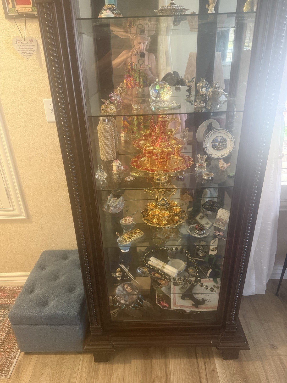 Tall Brown Wood Curio Cabinet, Glass Front Door, Freestanding, 1 Door