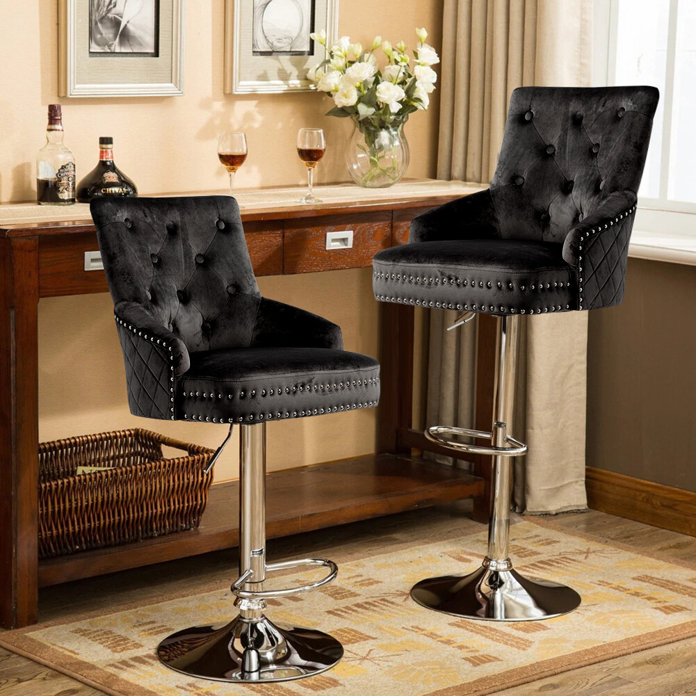 Extra Large Velvet Bar Stool Heavy Duty Adjustable Breakfast Chair w Stable Base