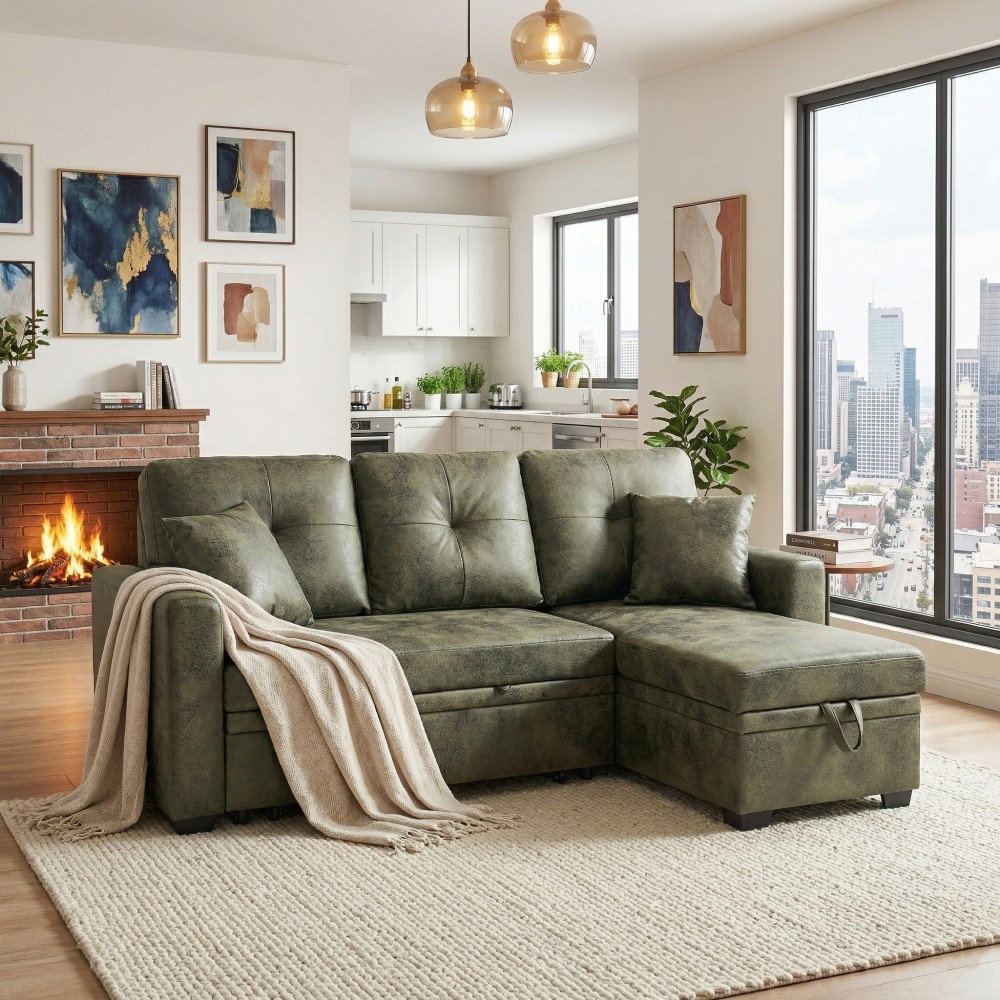 Sleeper Sofa Sectional Pull-Out Bed Reversible Chaise Storage Olive Green