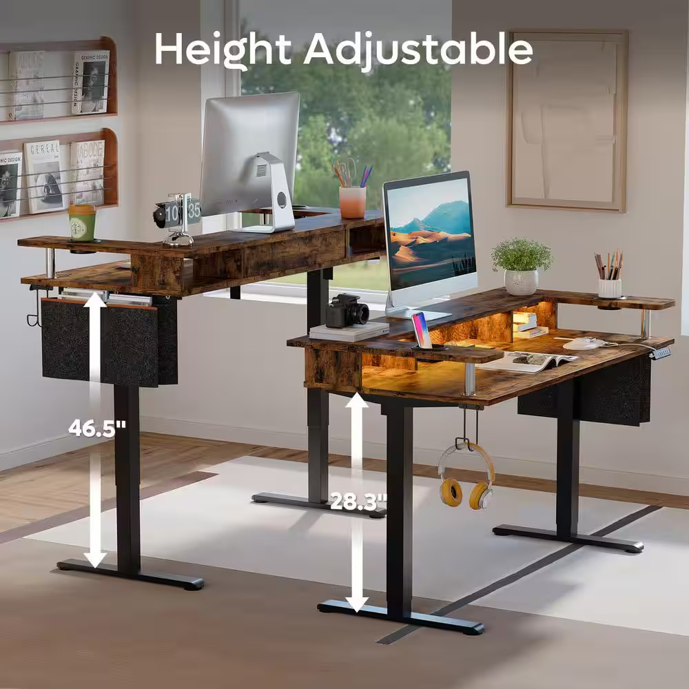 58 In. Rectangular Rustic Brown Wood Sit to Stand Desk with Monitor Stand and Cu