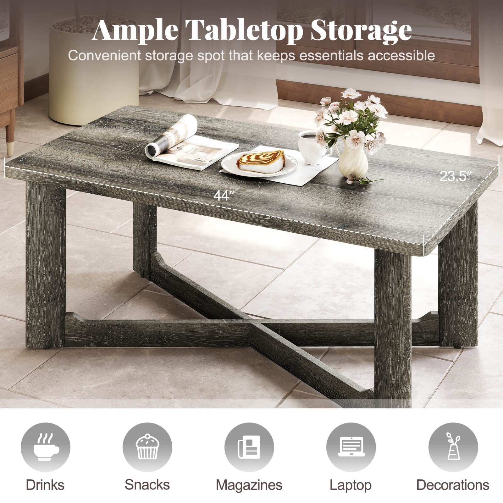 Rectangle Center Table with X-Shaped Base Farmhouse Rustic Living Room Table