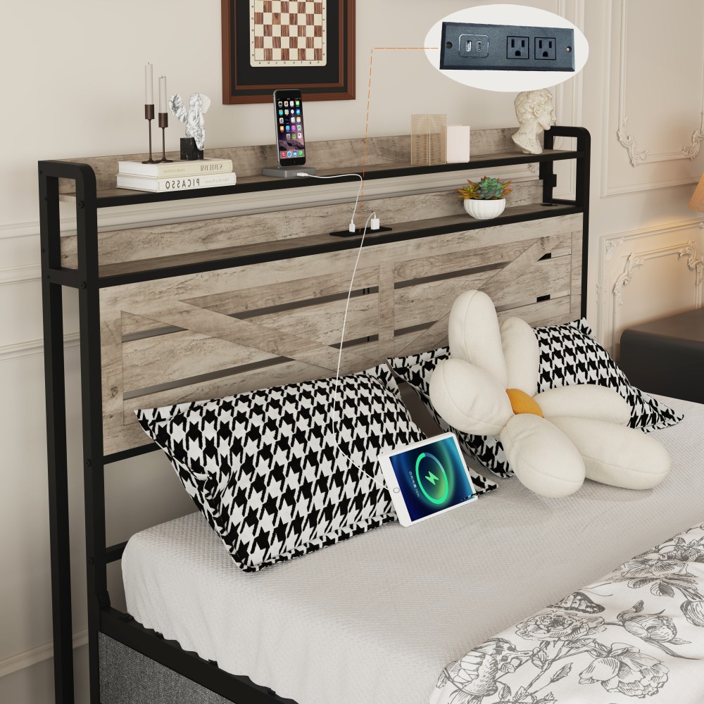 Queen-size bed frame with storage headboard and 12 drawers with LED lights