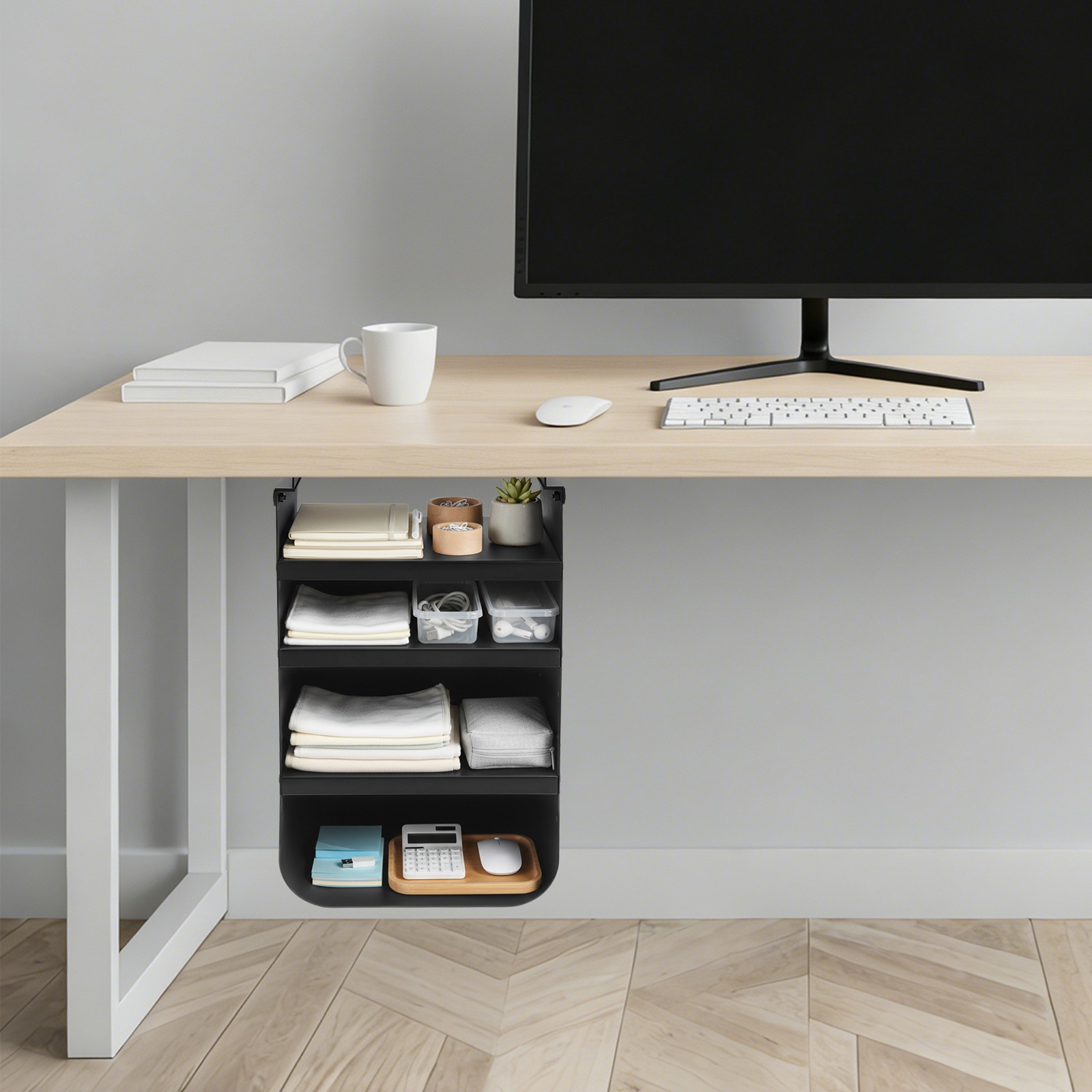 Black Under Desk Storage Cabinet, 30.5*24*49cm High Capacity Metal Shelving