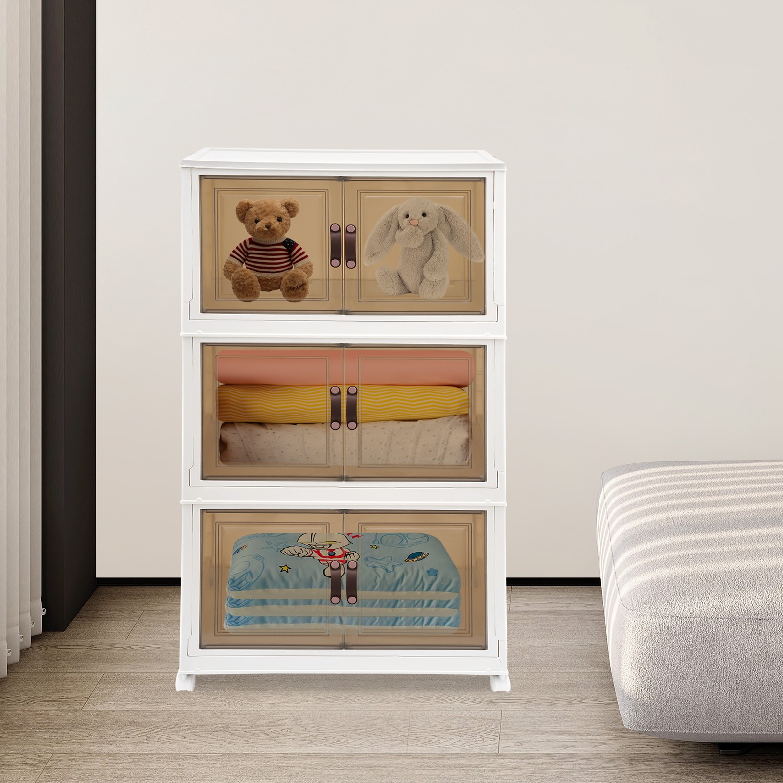 3PCS Foldable Stackable Storage Cabinets with Wheels White 25.59*16.54*43.5in