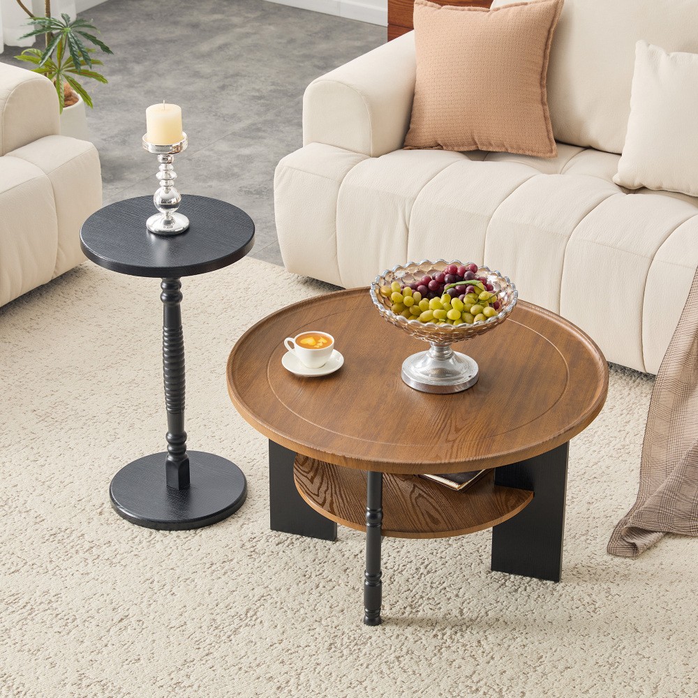 Round Coffee Table Side Table 2 Piece Set with Storage Shelf PVC Surface MDF
