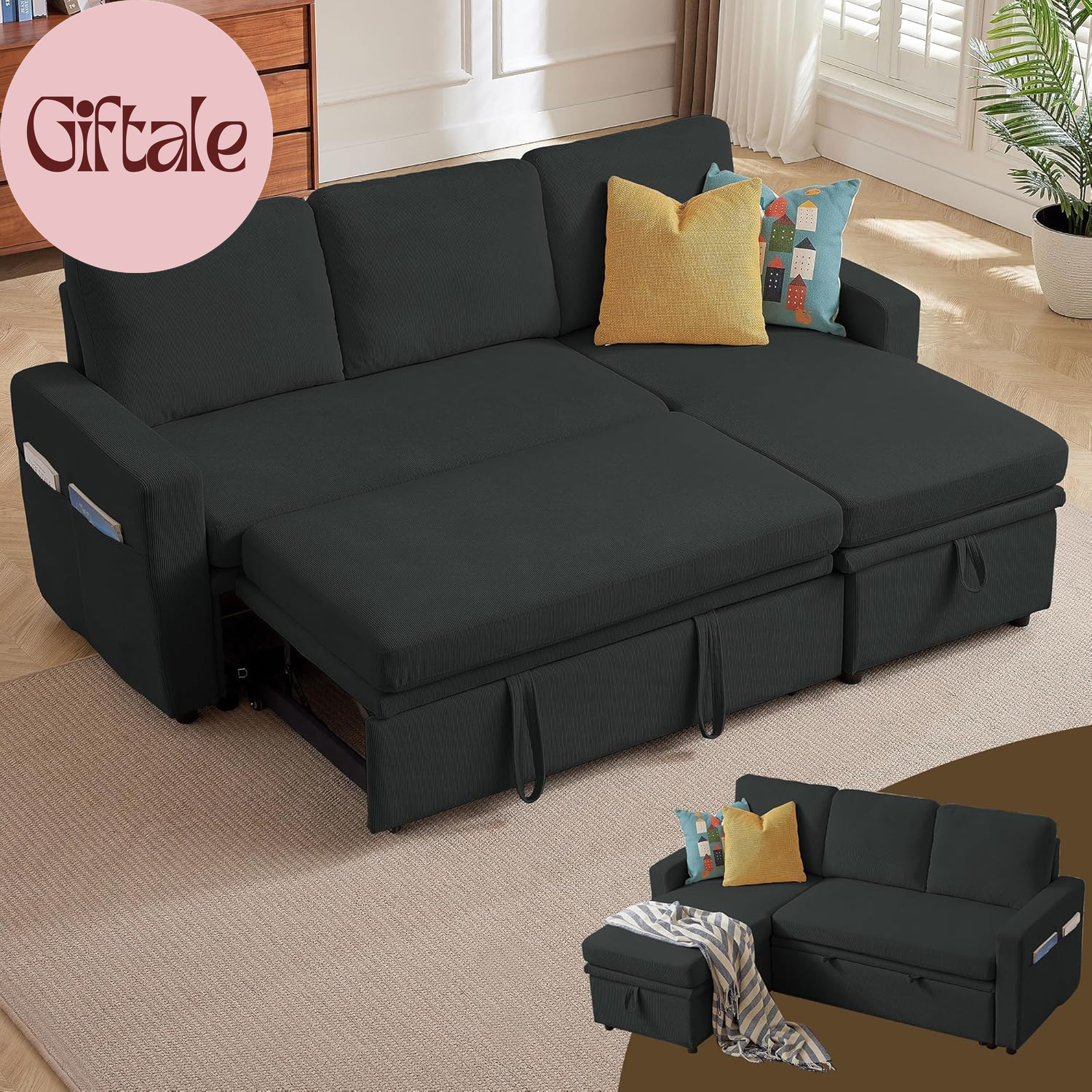 Convertible Sofa Bed, L-Shape Sectional Sleeper Sofa with Storage Chaise, Modern