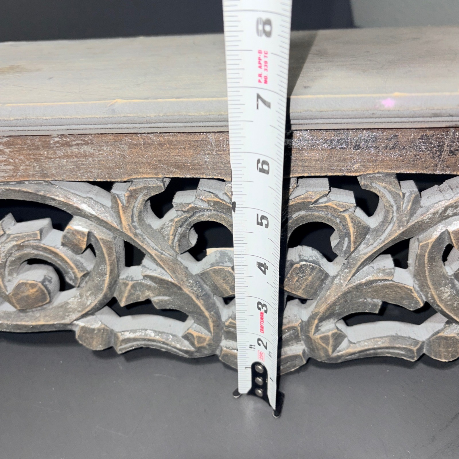 Handcrafted Indian Wood Wall Shelf Ornate Carved Scrollwork Distressed Grey 24in