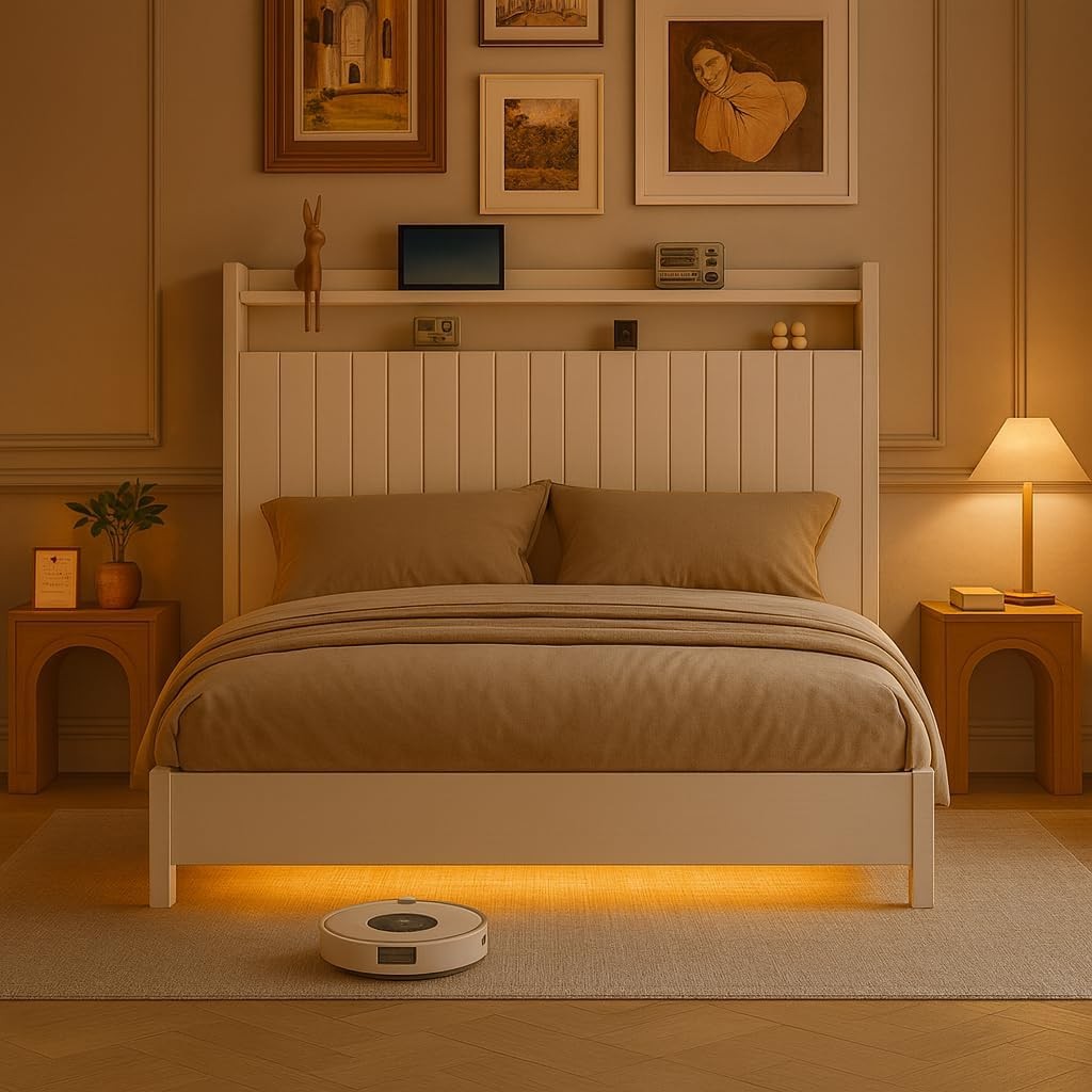 Floating Bed Frame W/ Storage, RGB Lights & Charging Station, No Box Spring